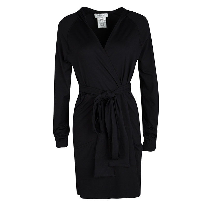 Dior Black Embroidered Hooded Wrap Long Jacket M