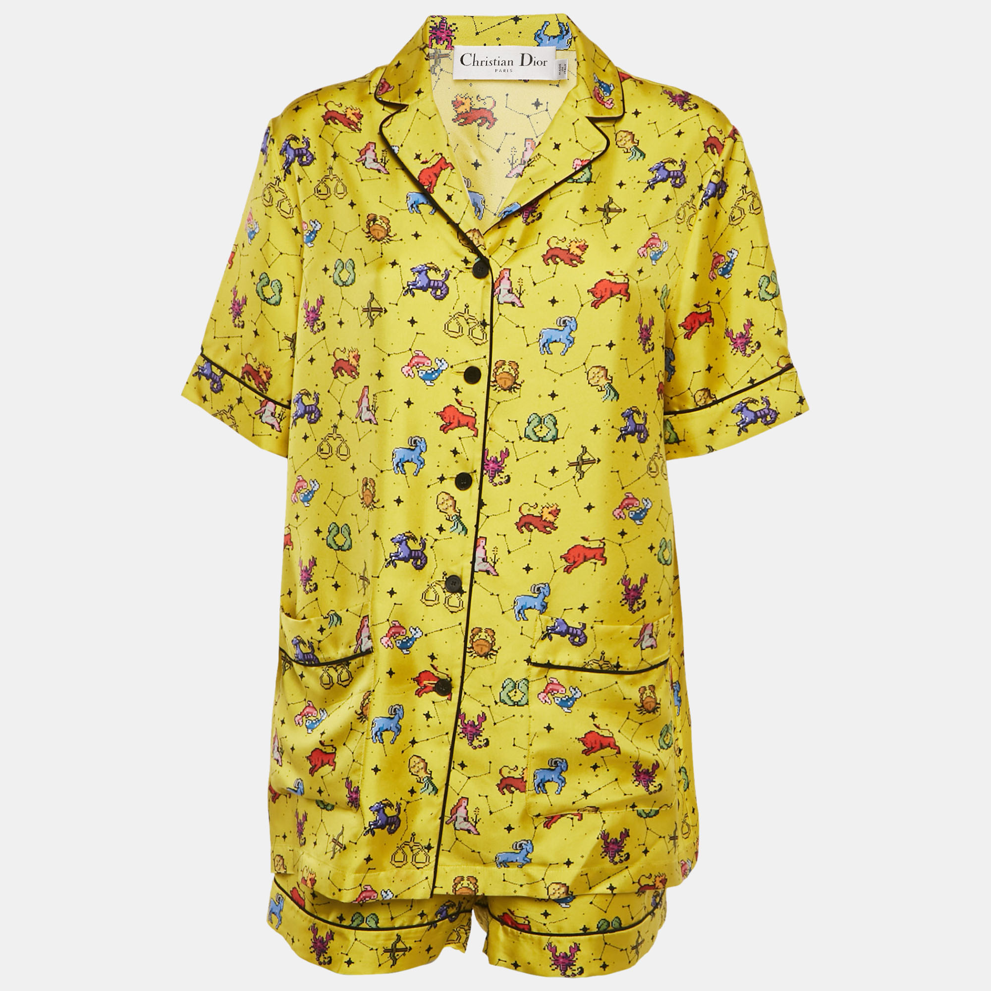 Christian Dior Yellow Zodiac Print Silk Shirt and Shorts Set M/L