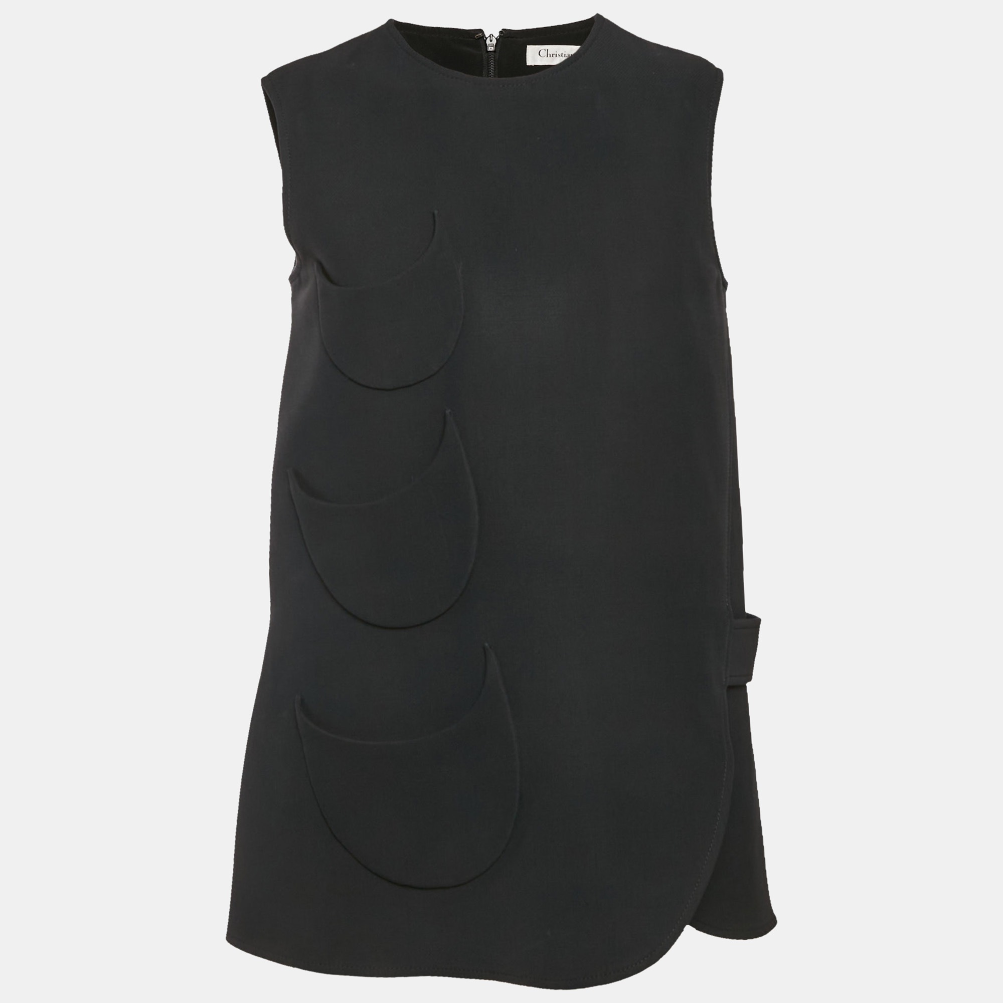 Pre-owned Dior Christian Black Wool & Silk Crepe Patch Detail Top M