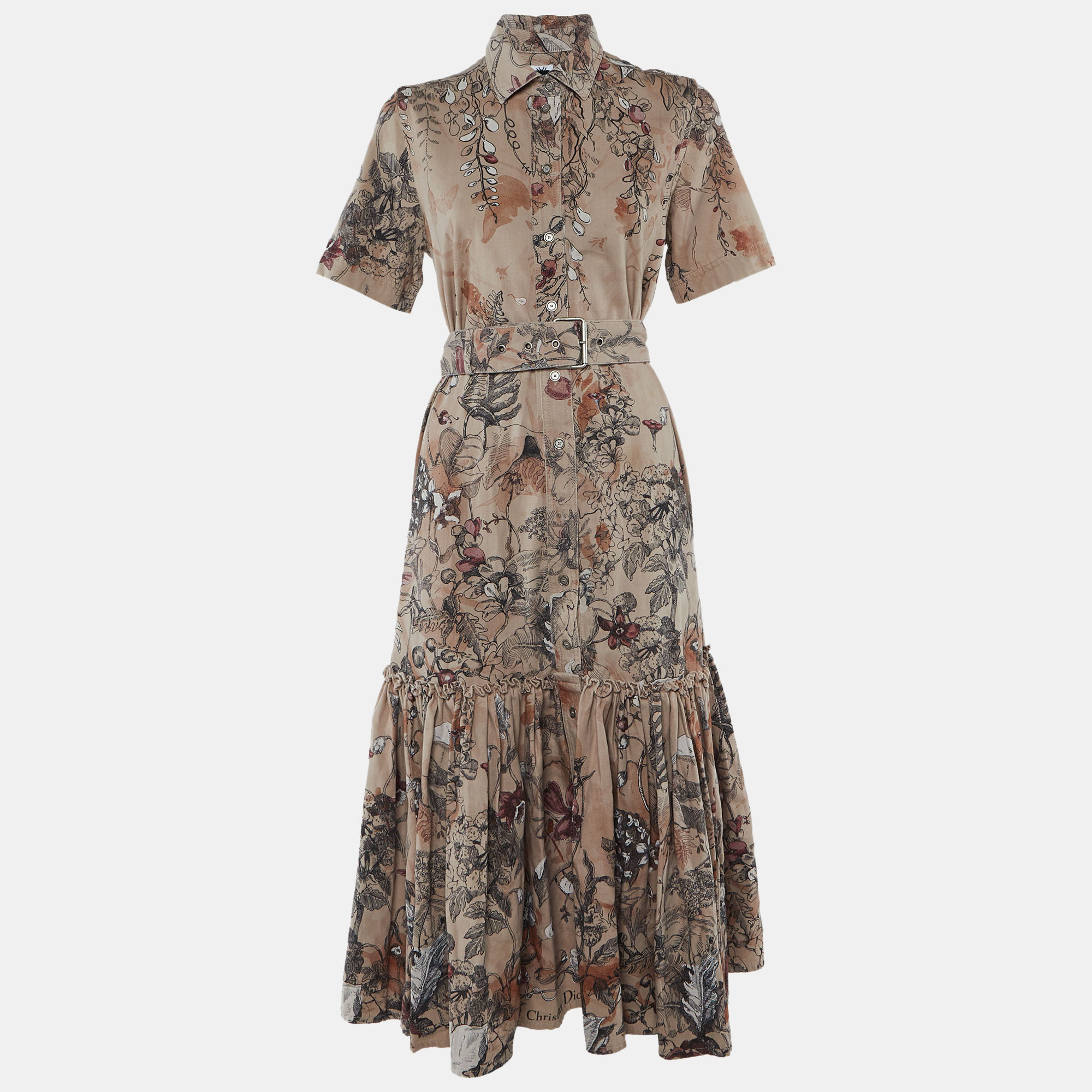 

Chistian Dior Pink Printed Denim Belted Maxi Dress M