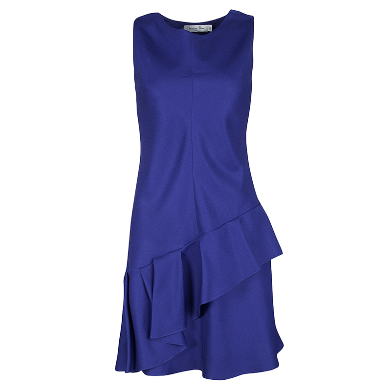Dior Cobalt Blue Silk Wool Ruffled Bottom Sleeveless Dress M