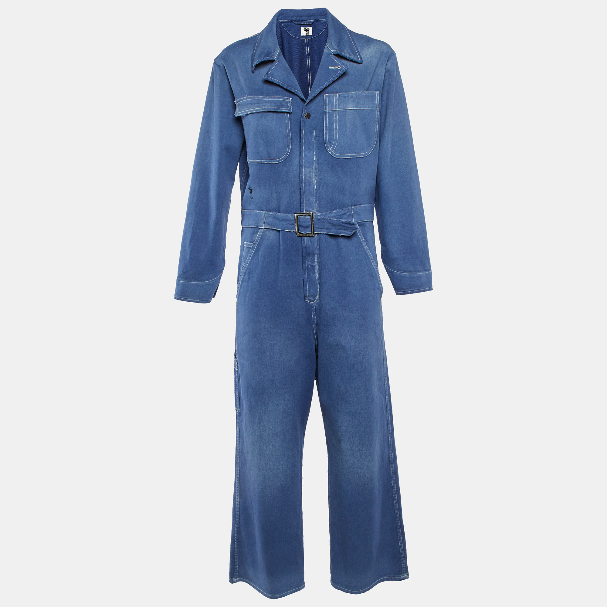 Pre-owned Dior Blue Denim Washed Denim Wide Leg Jumpsuit M