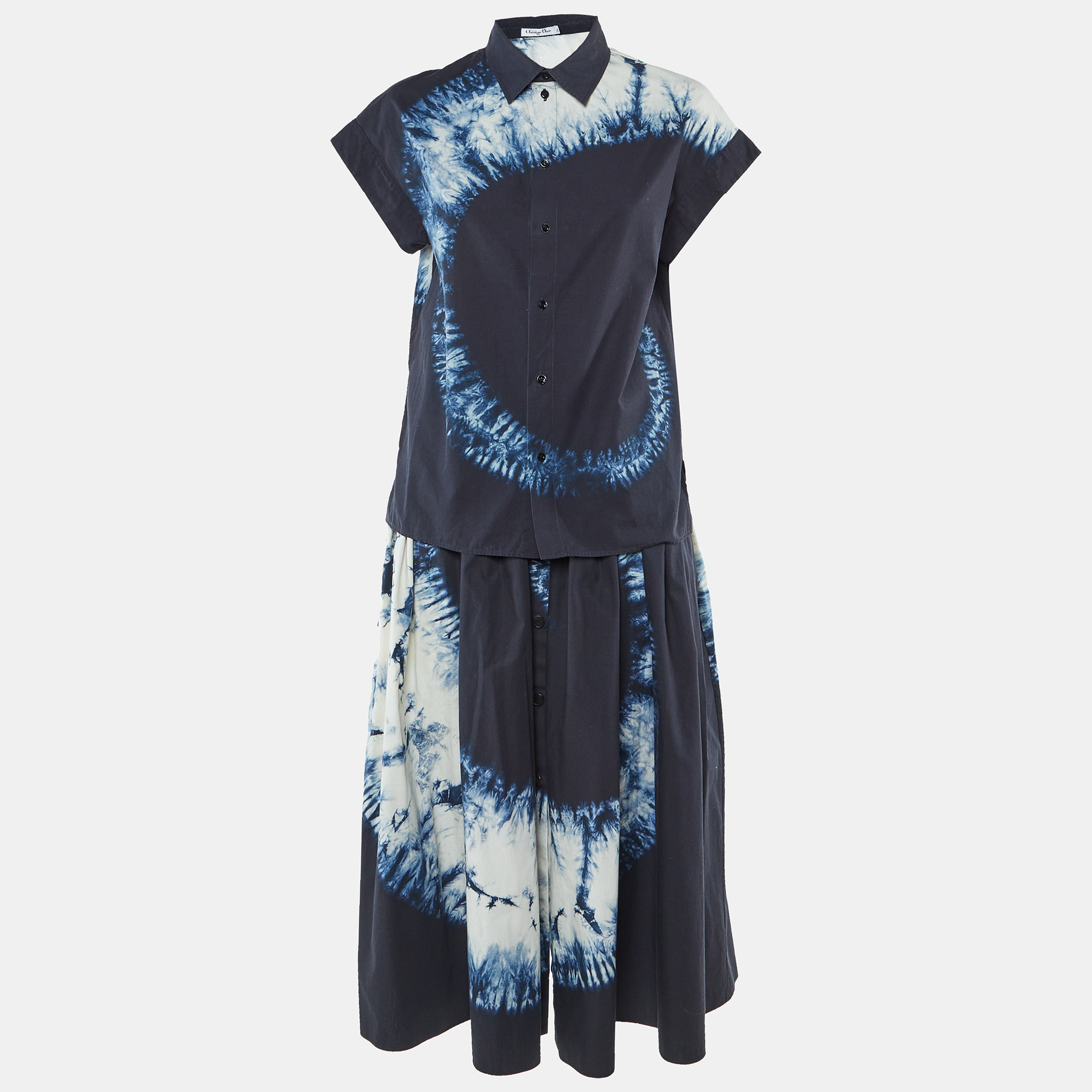 

Dior Navy Blue Tie-Dye Print Cotton Skirt and Shirt Set M