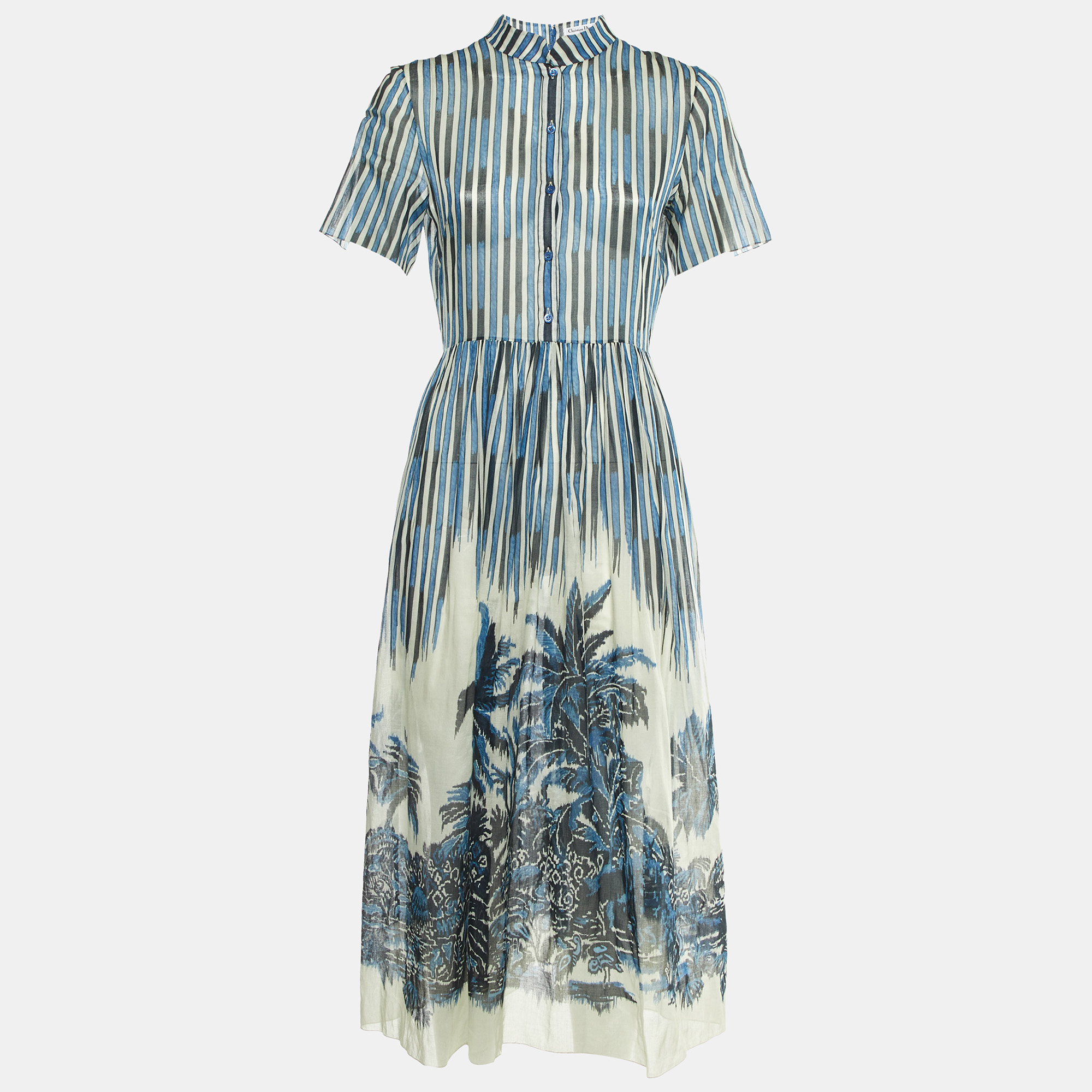 

Dior Blue Striped Palm Print Cotton Midi Dress M