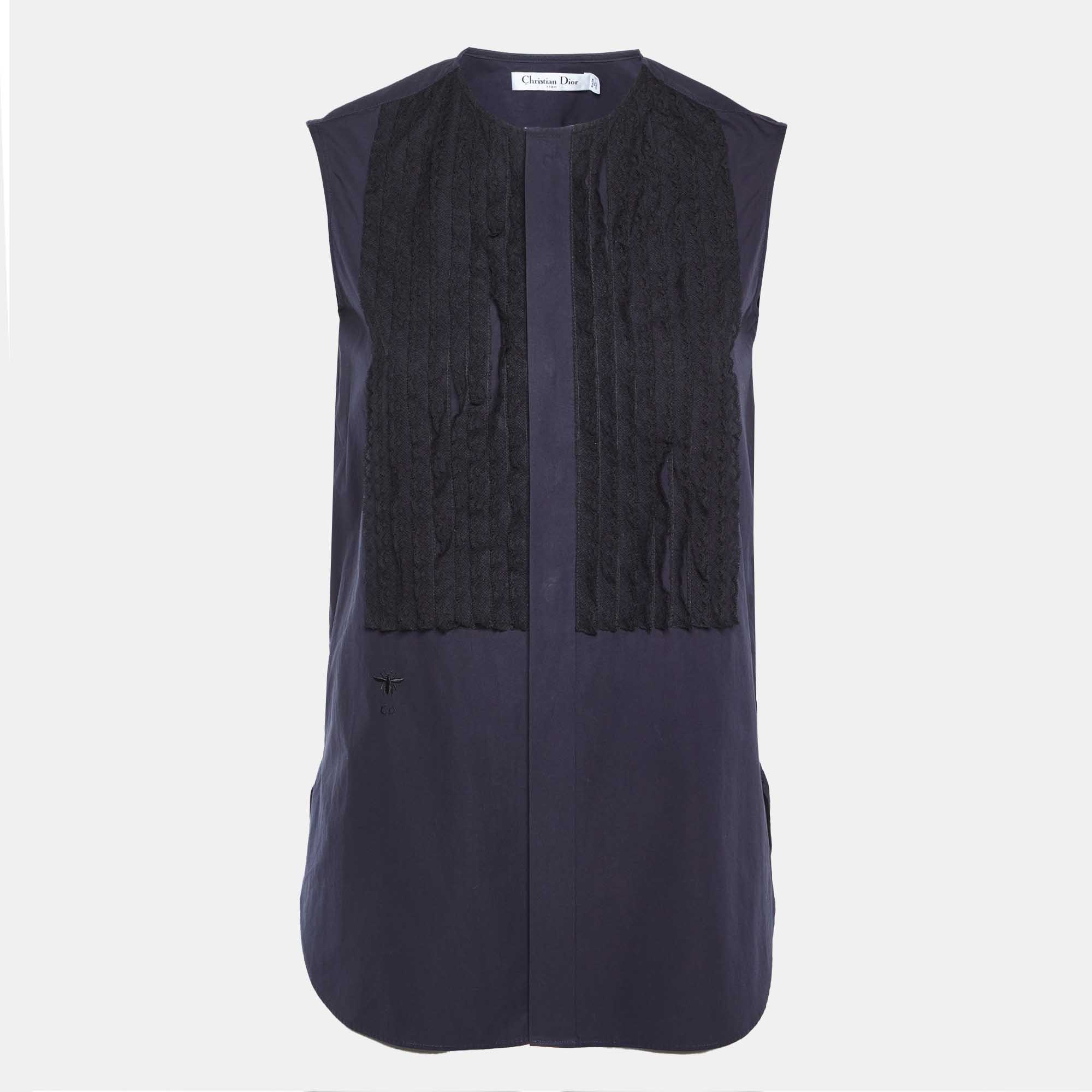 

Dior Navy Blue Cotton Lace Trim Sleeveless Top S