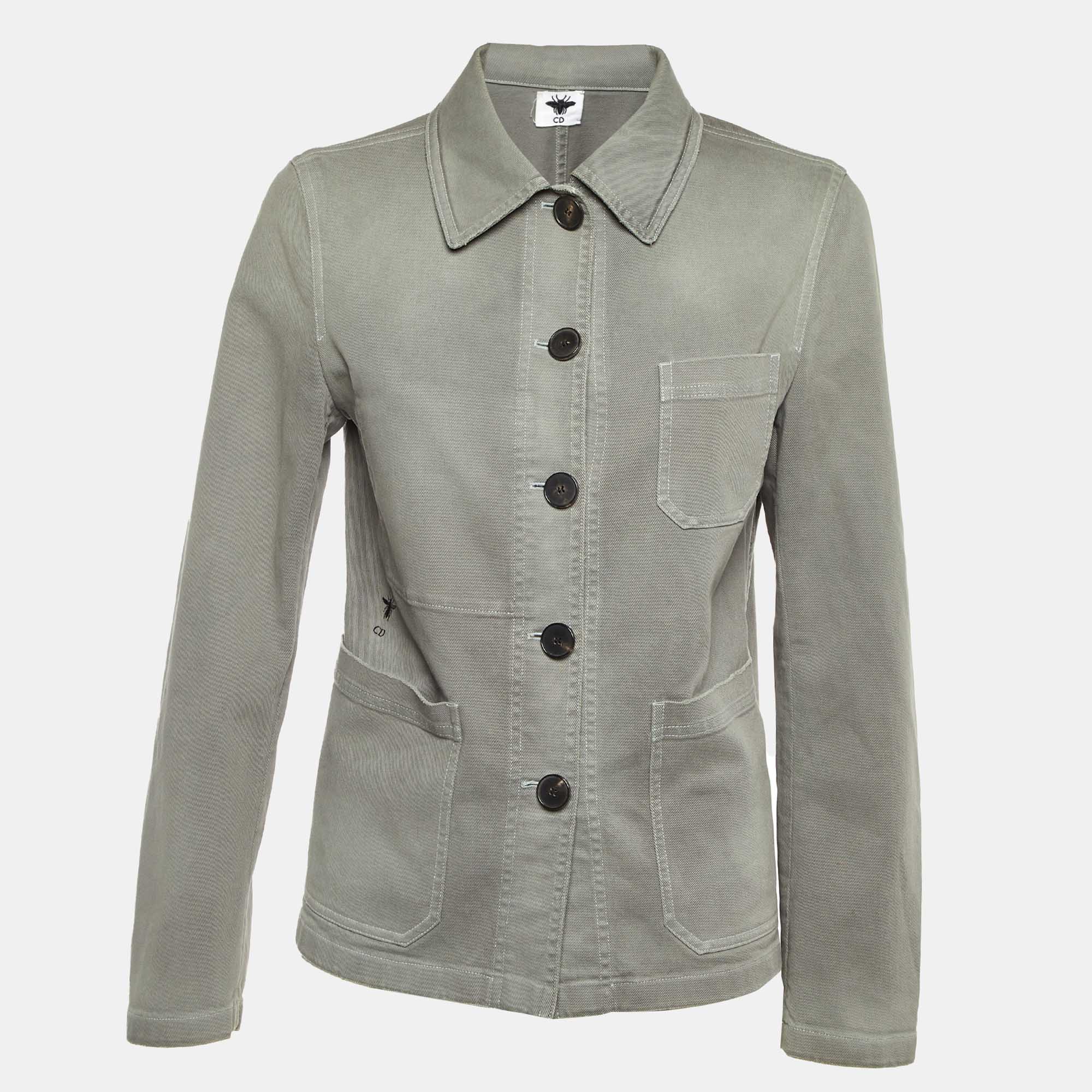 

Dior Grey Denim Logo Embroidered Button Front Jacket M