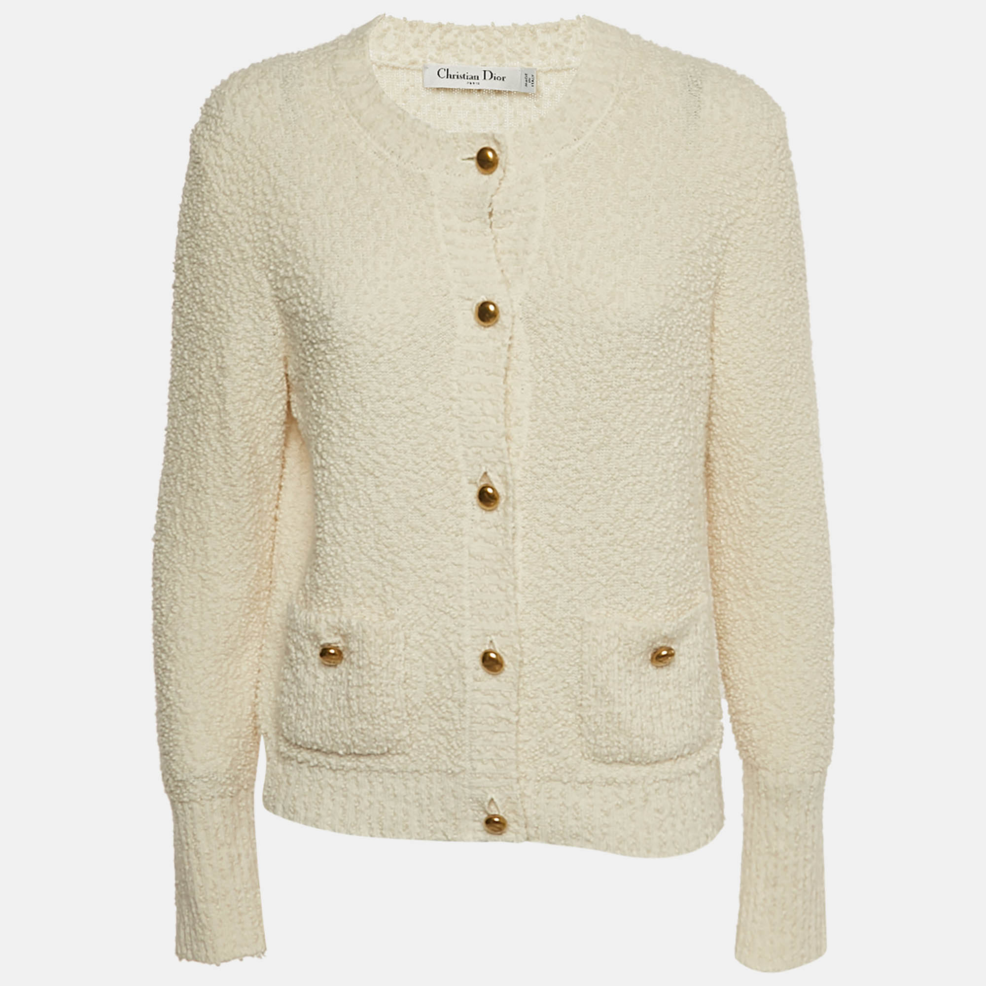 

Christian Dior Off White Textured Wool Button Detail Cardigan XL