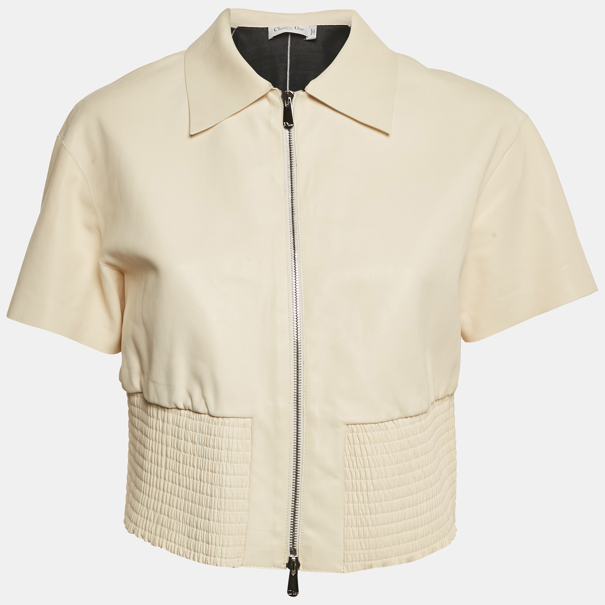 Pre-owned Dior Christian Cream Leather Shirring Hem Jacket M In White