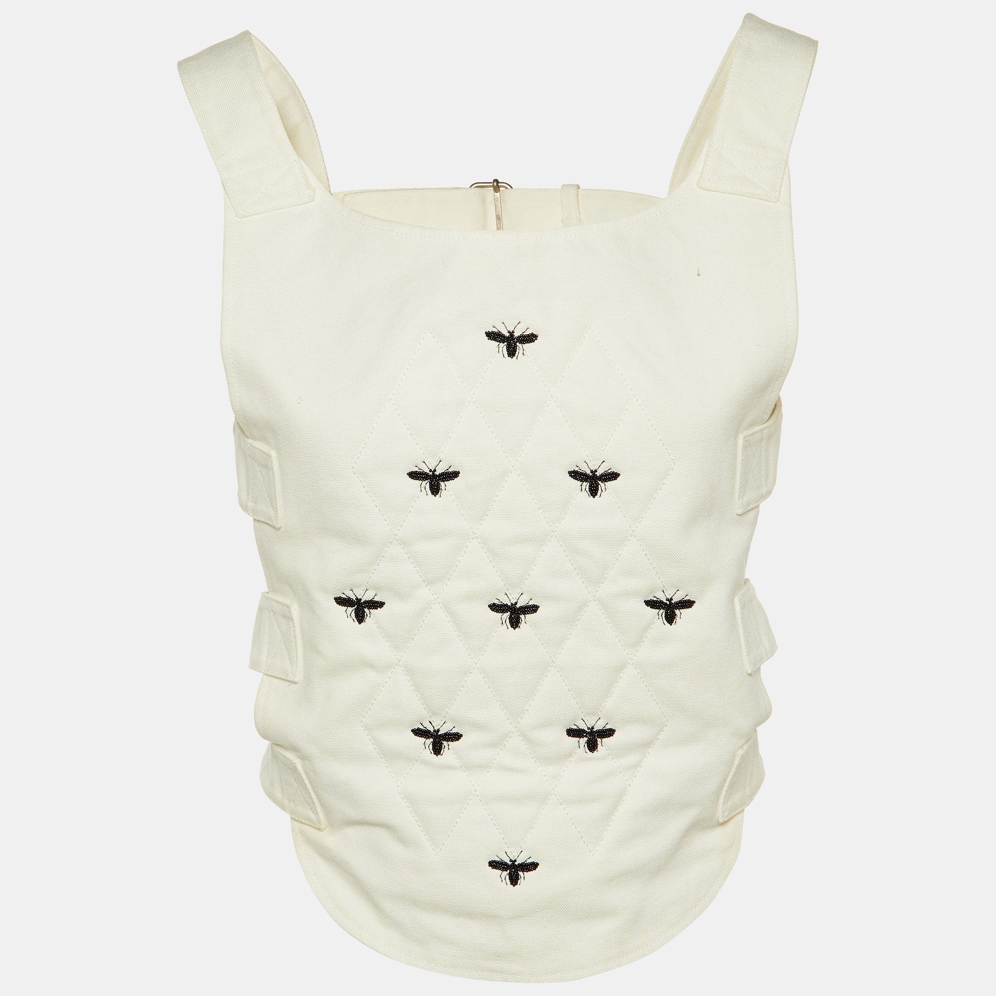 Pre-owned Dior Ivory Cotton Bee Bead Embroidered Strapped Vest M In White