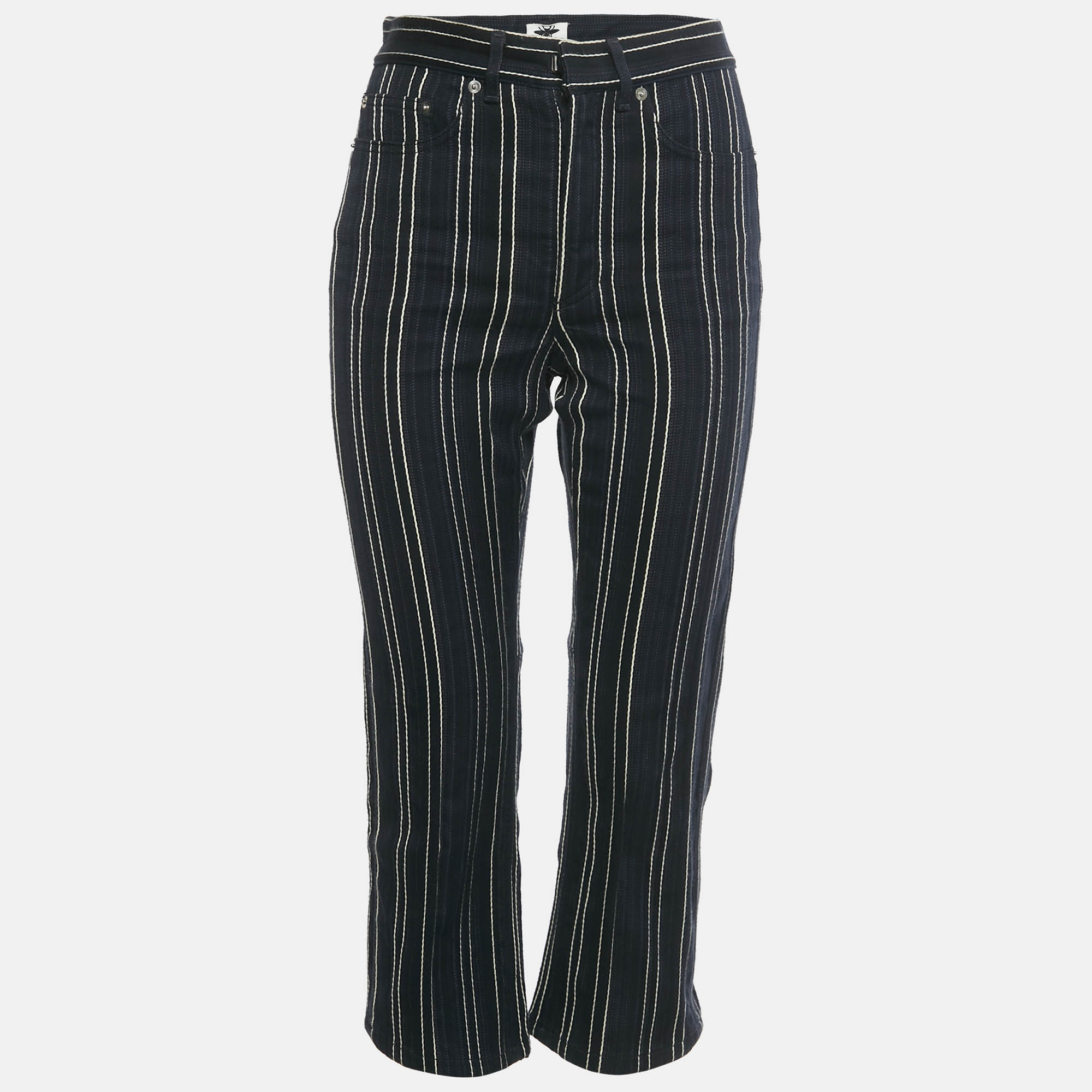 Pre-owned Dior Christian  Navy Blue Striped Denim Flared Crop Jeans S Waist 27"