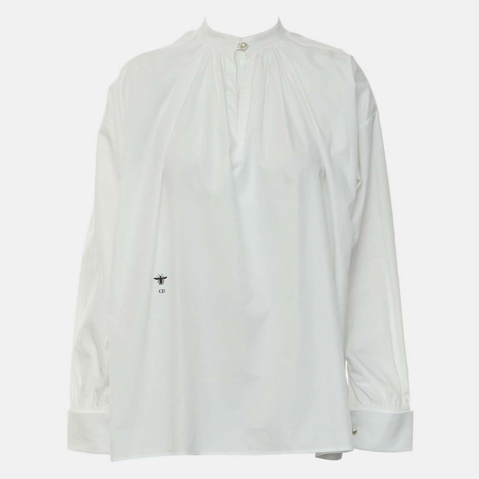 Pre-owned Dior Logo Embroidered Poplin Blouse Size M In White