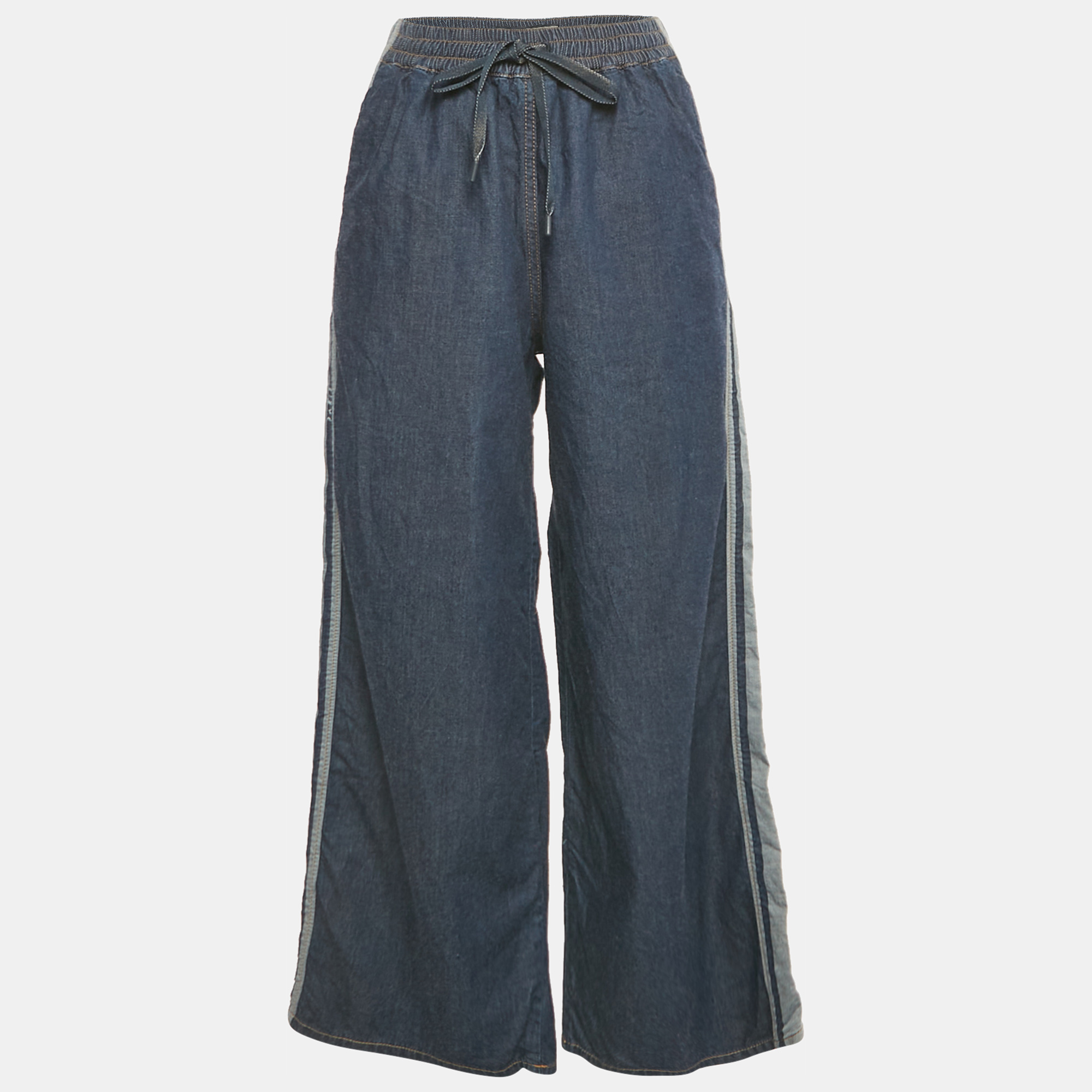 

Dior Blue Denim Logo Panel Trimmed Wide Leg Pants S