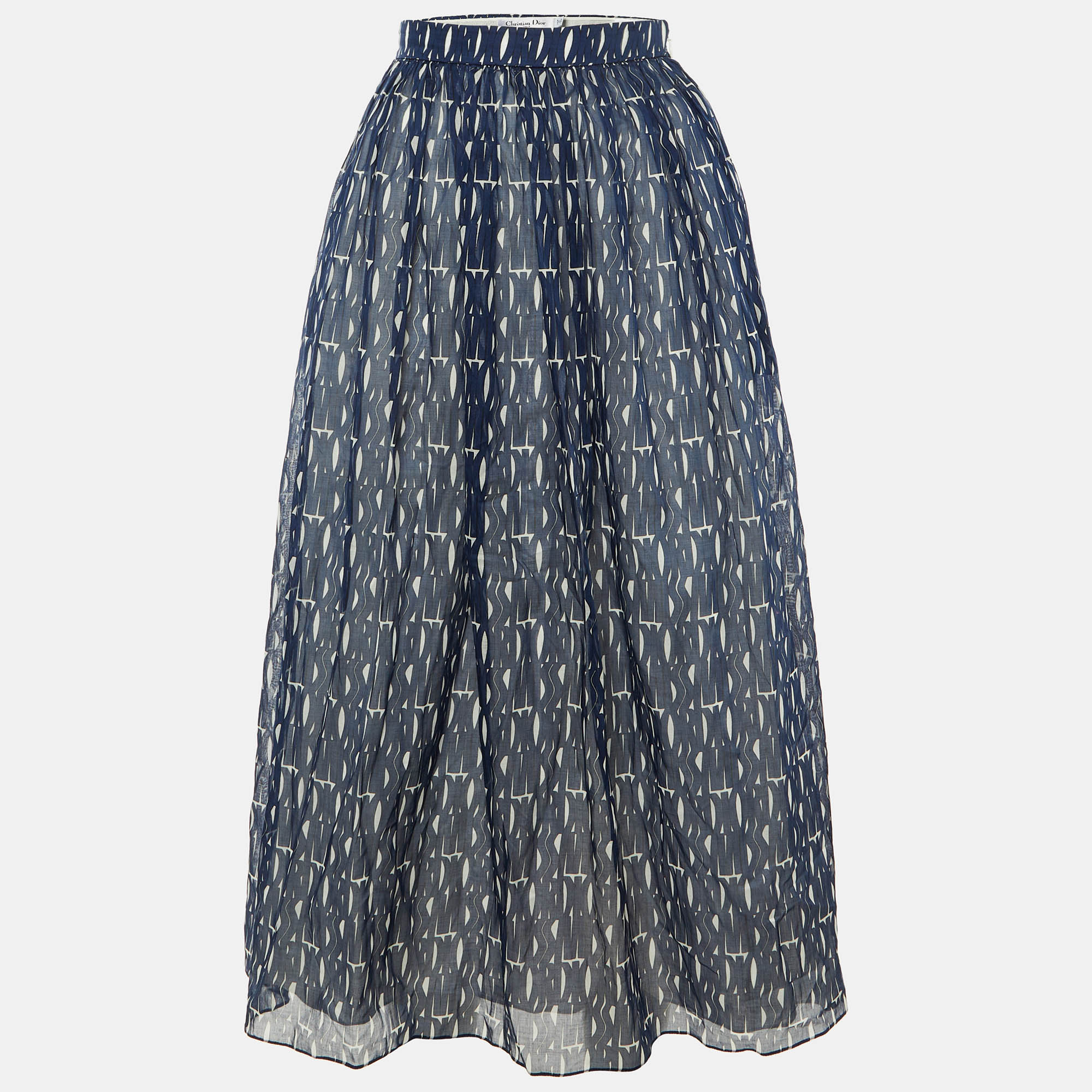 Pre-owned Dior Navy Blue Logo Print Cotton Midi Skirt M