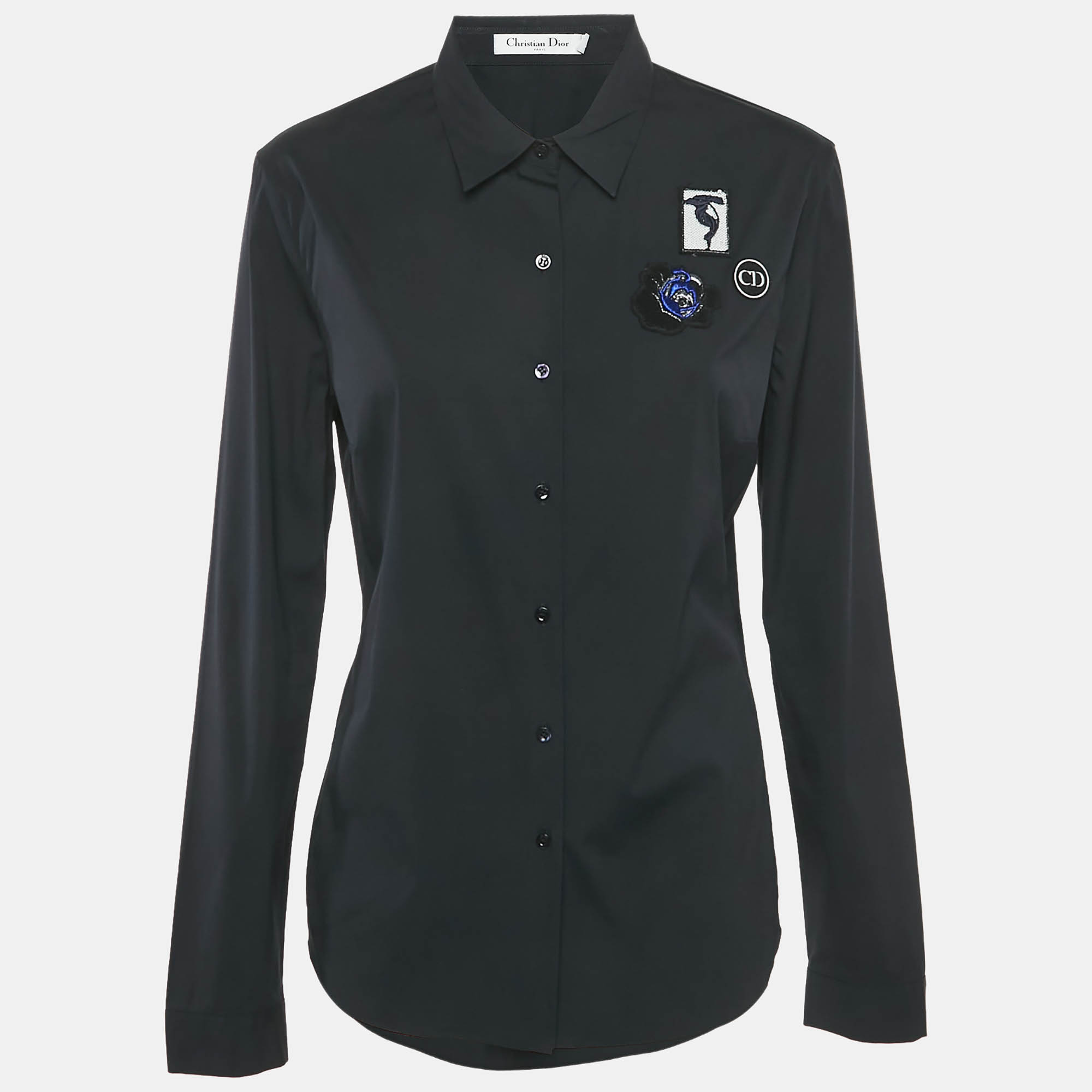 Dior Black Cotton Applique Detail Button Front Shirt L