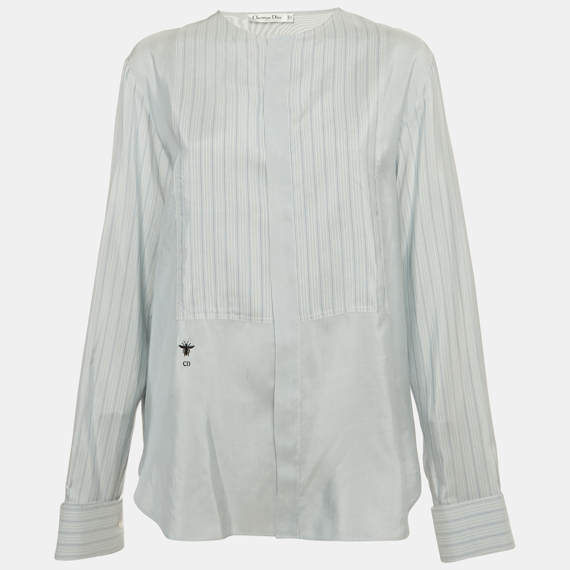 Christian Dior Blue Striped Silk Full Sleeve Blouse XL