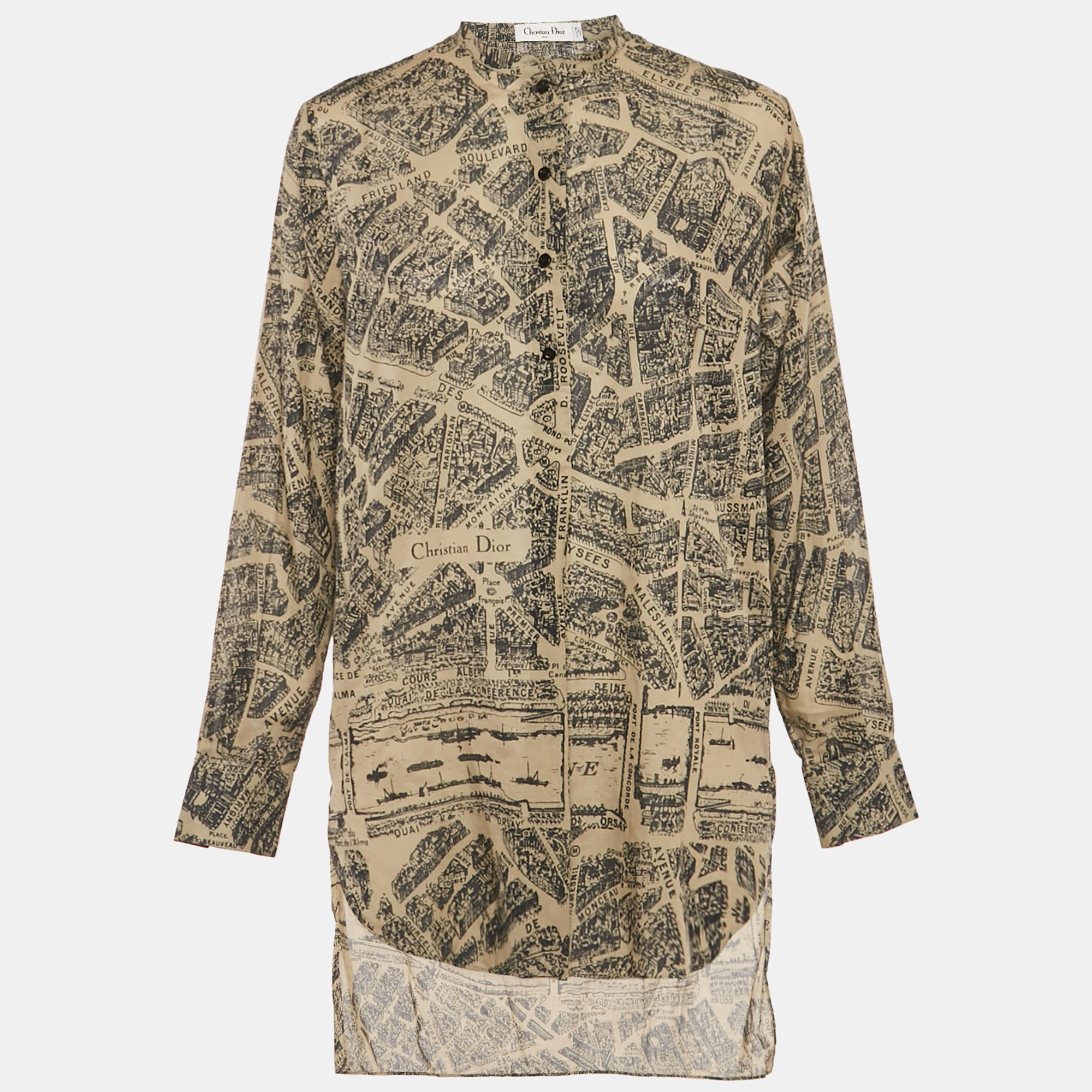 Christian Dior Beige Plan de Paris Print Cotton High Low Shirt M