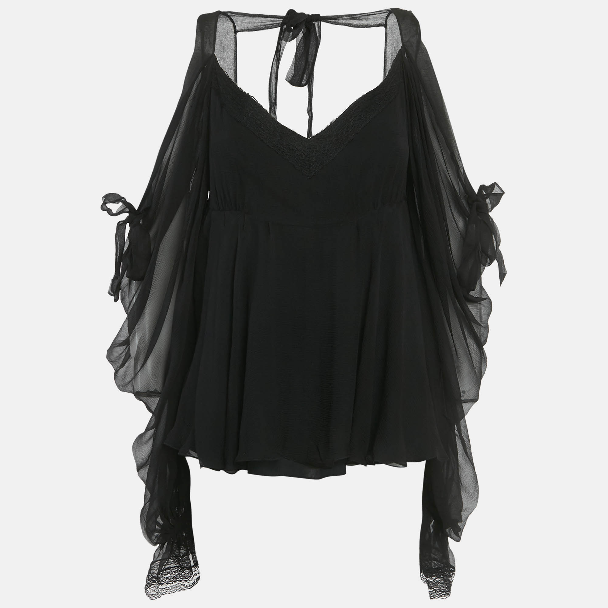 Pre-owned Dior Christian  Black Silk Lace Trim Tie -up Blouse M
