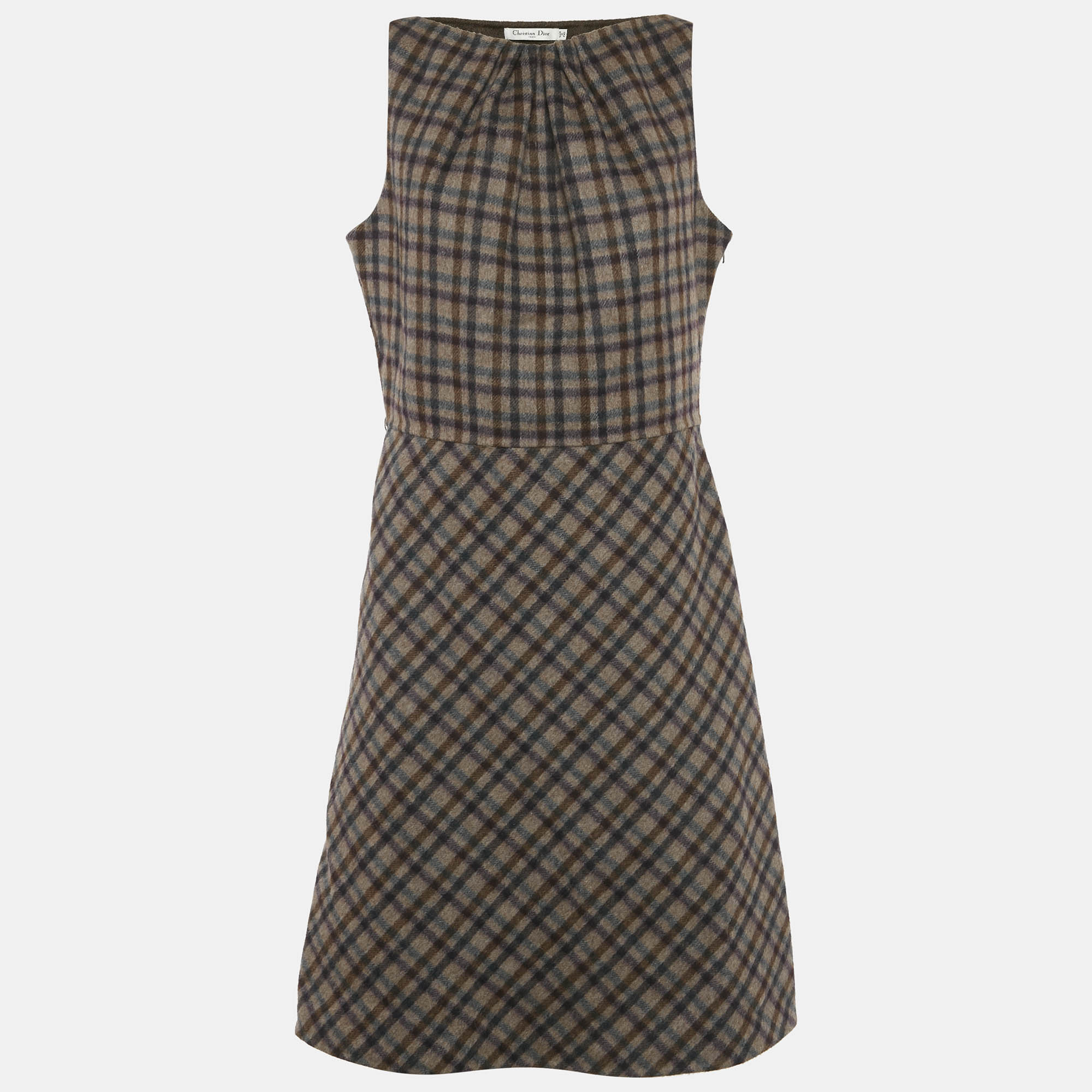 

Christian Dior Brown Plaid Wool Flared Short Dress L