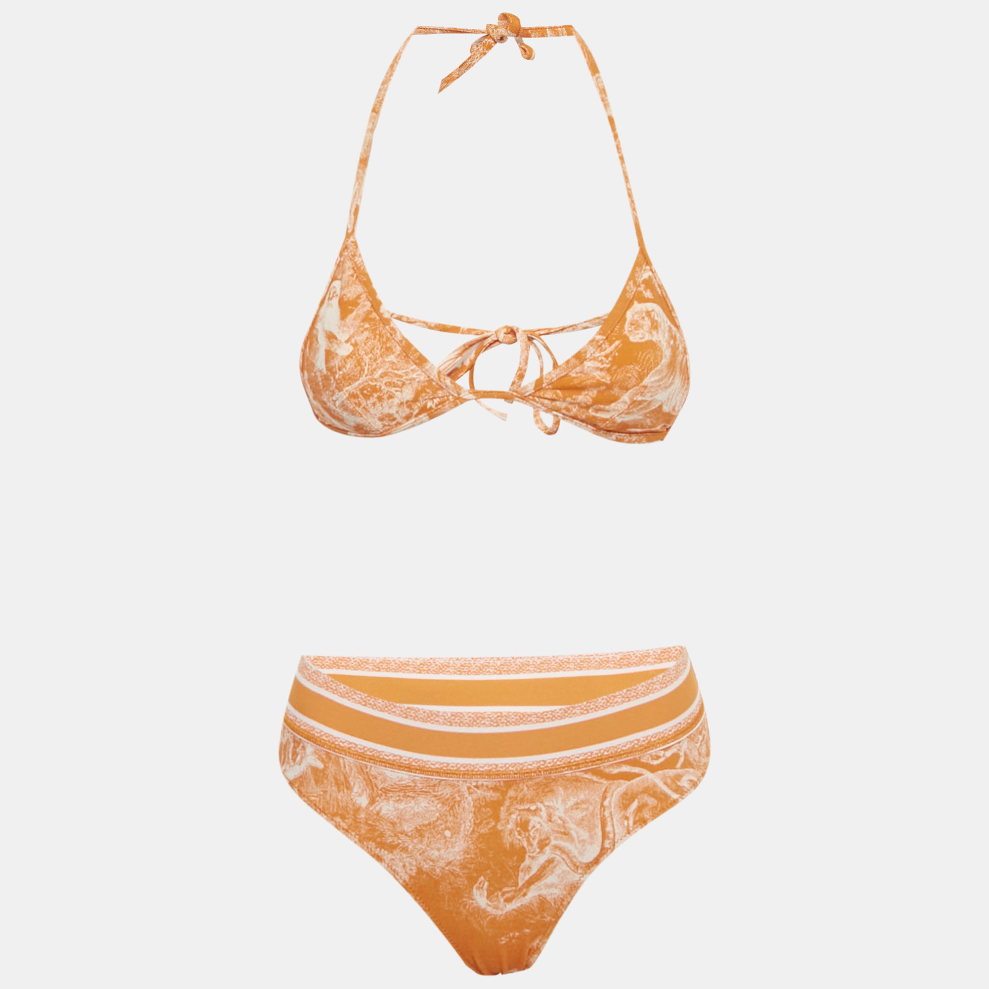 Pre-owned Dior Christian  Orange Toile De Jouy Jersey Bikini Set Xs