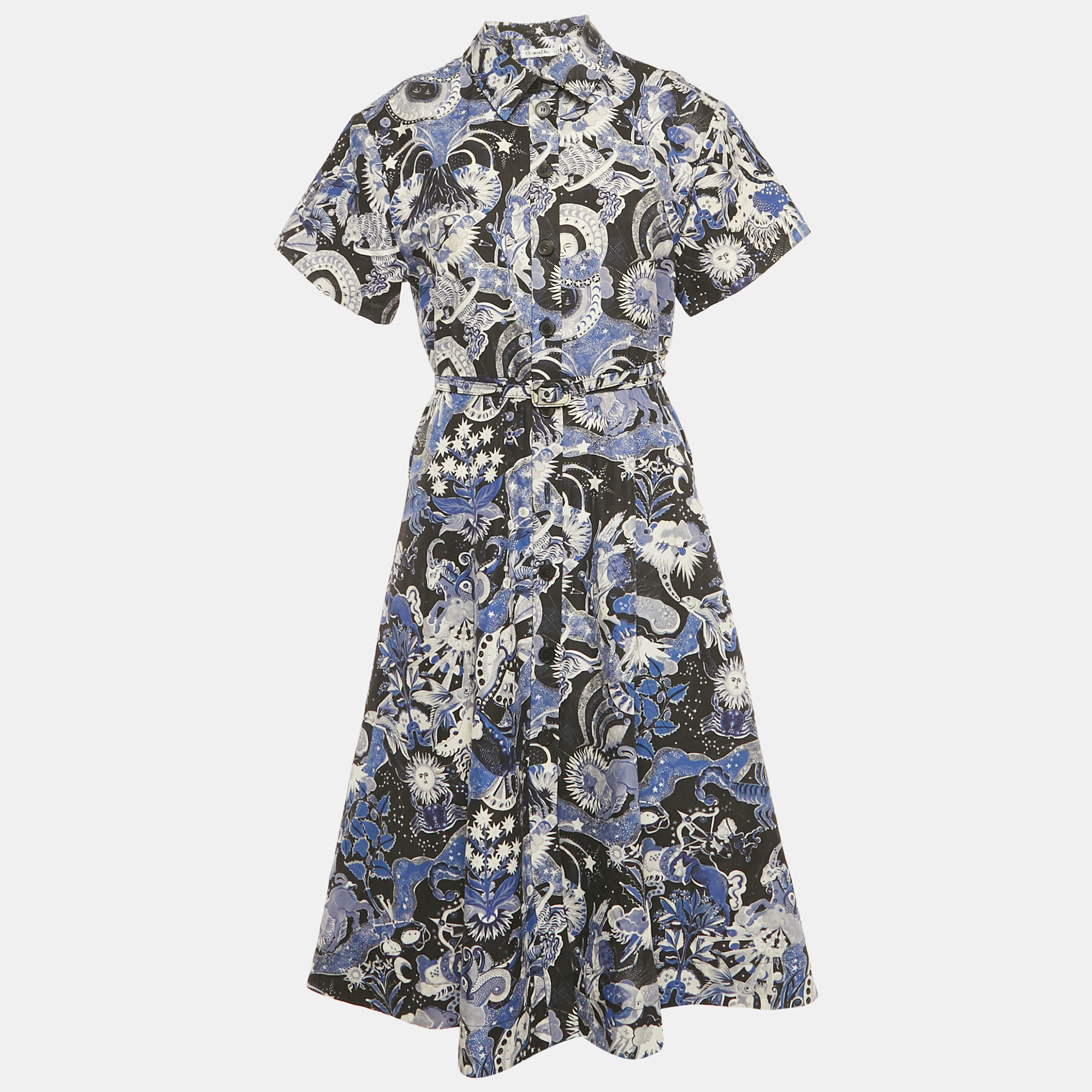 Pre-owned Dior Christian  Navy Blue Celestial Print Cotton Belted Midi Dress M