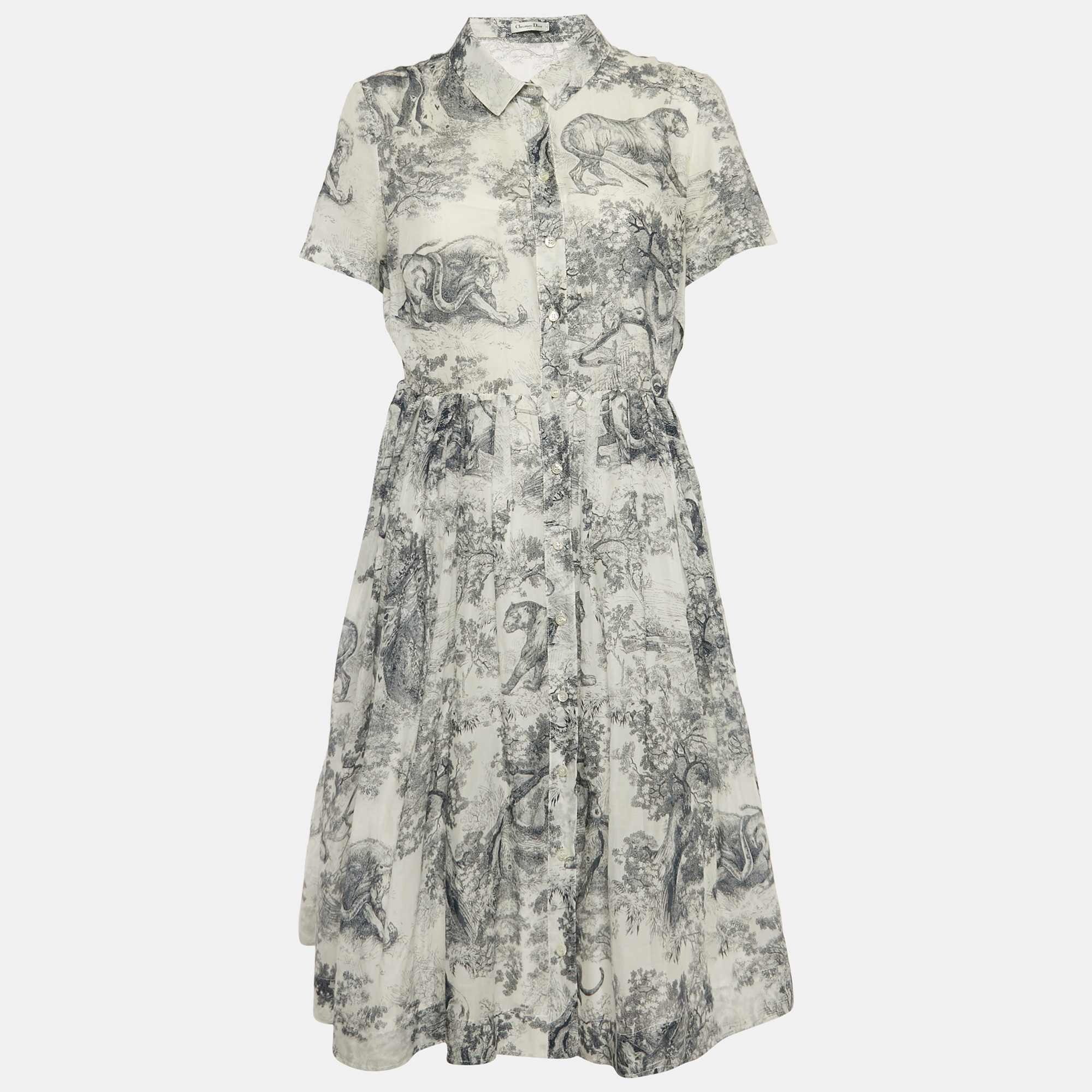 

Christian Dior White Toile De Jouy Print Cotton Midi Shirt Dress L