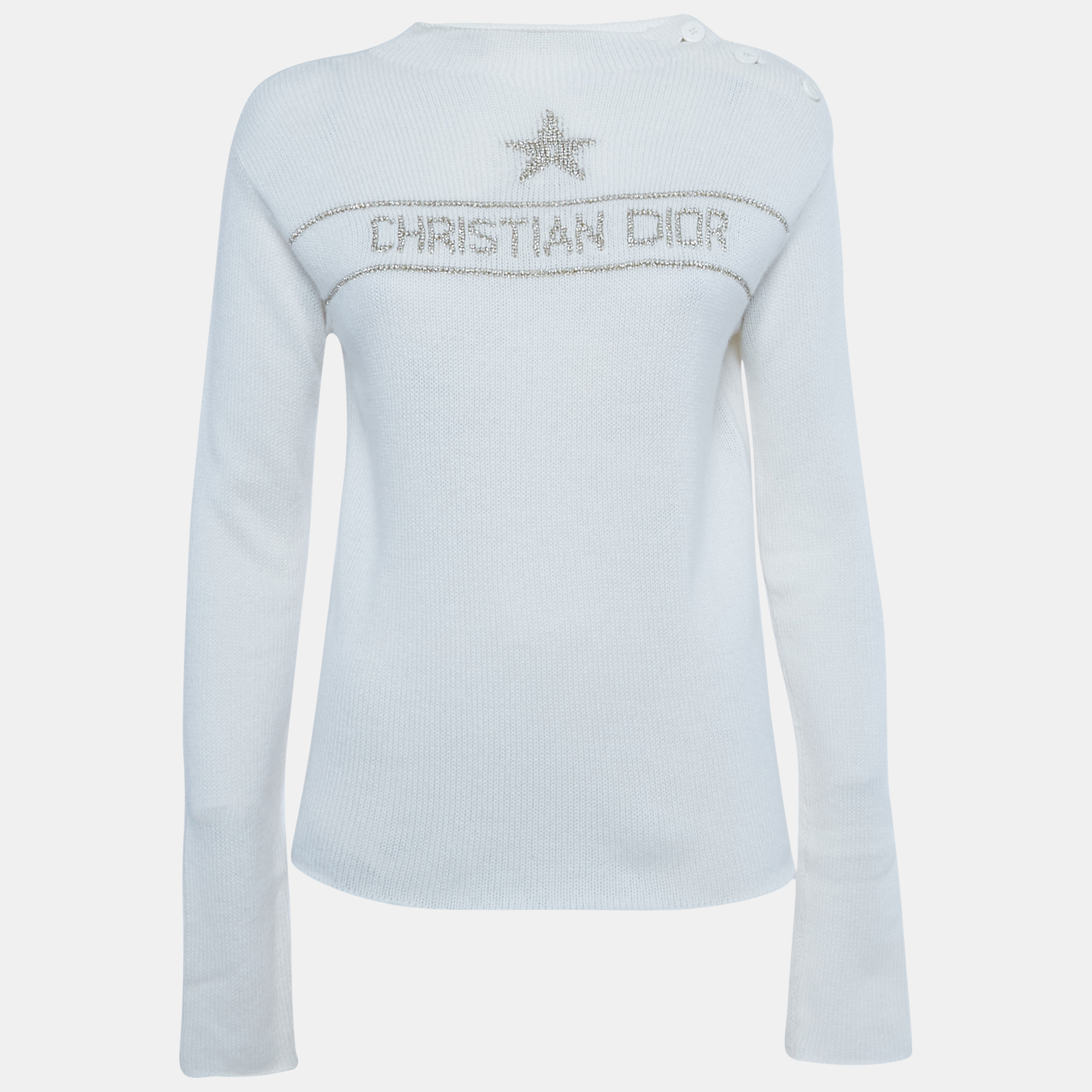 Pre-owned Dior Ivory Lurex Logo Intarsia Knit Sweater S In White