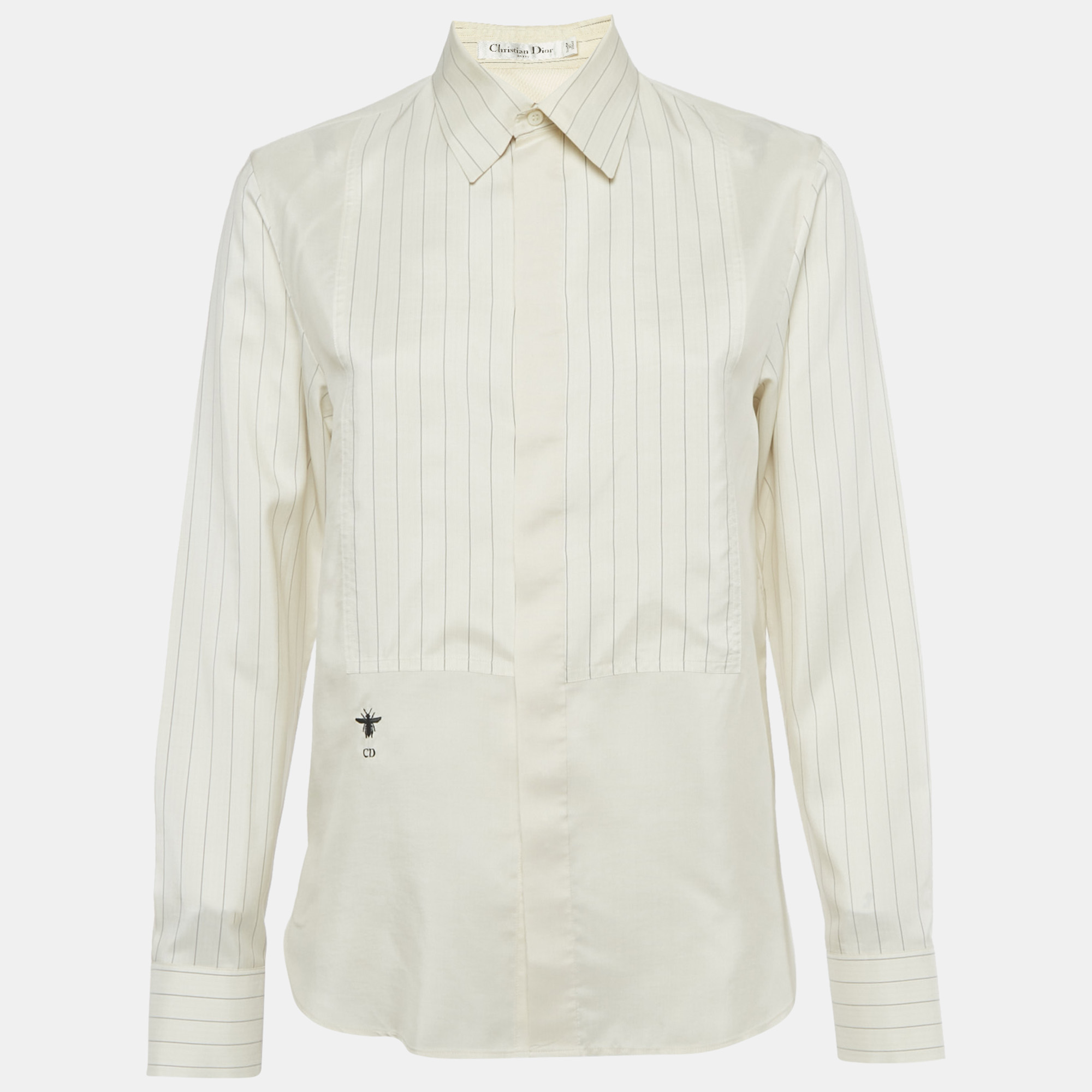 Pre-owned Dior Cream Striped Cd Bee Embroidered Silk Shirt S In White