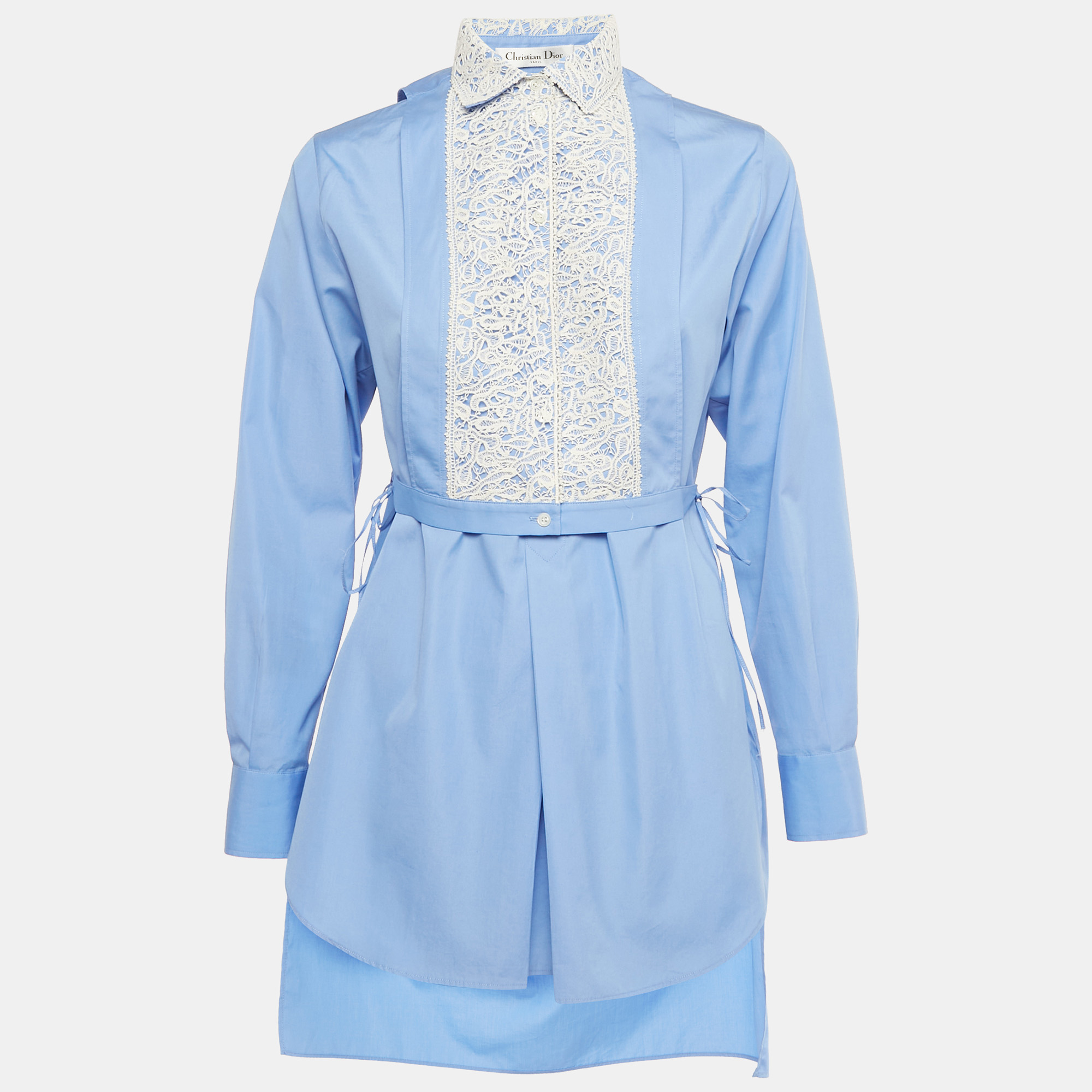Pre-owned Dior Blue Cotton Lace Plastron Belted Cotton Tunic S