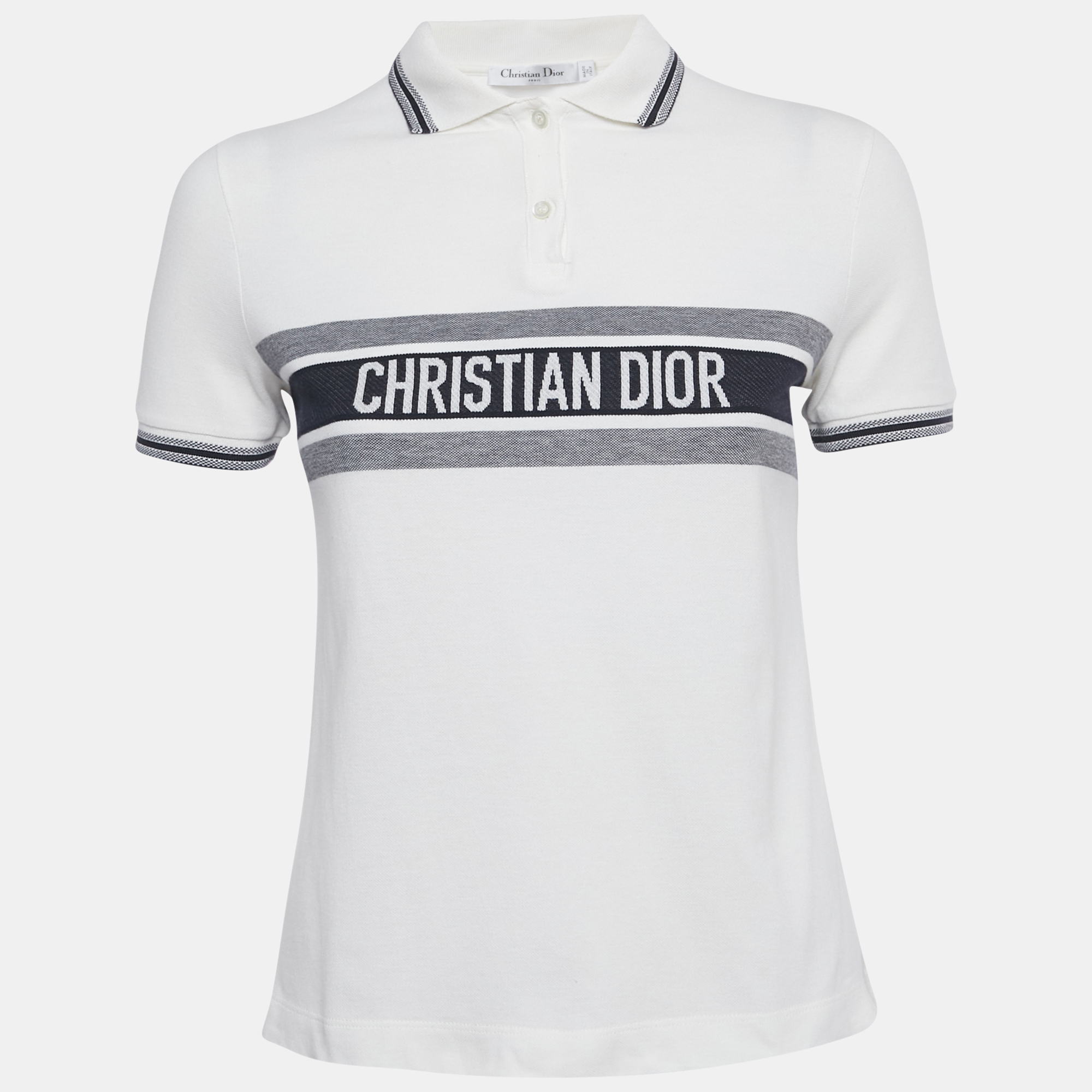 

Christian Dior White/Blue Striped Logo Cotton Polo T-Shirt XS