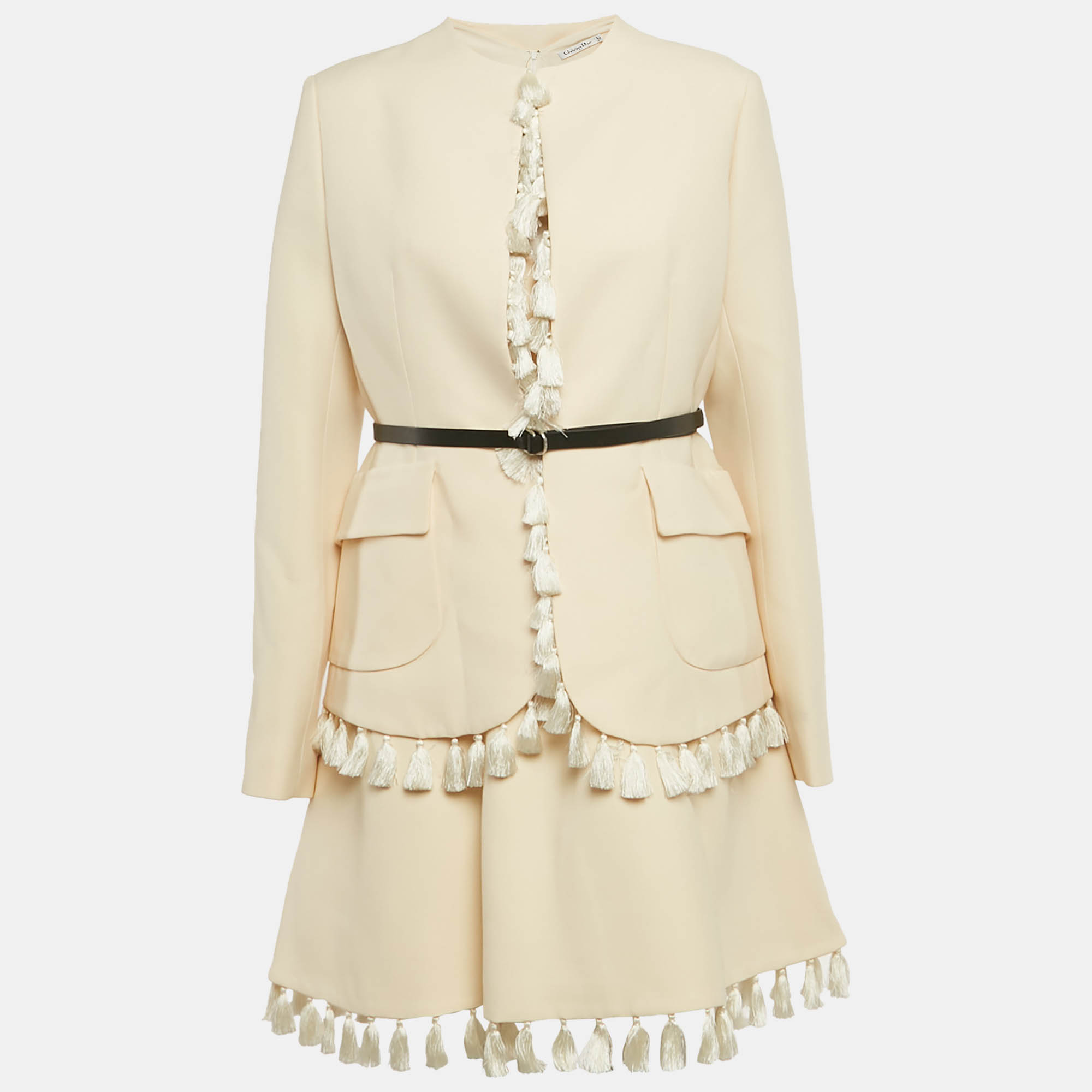 

Dior Ecru Wool Blend Tassel Detail Jacket & Dress Set L, White