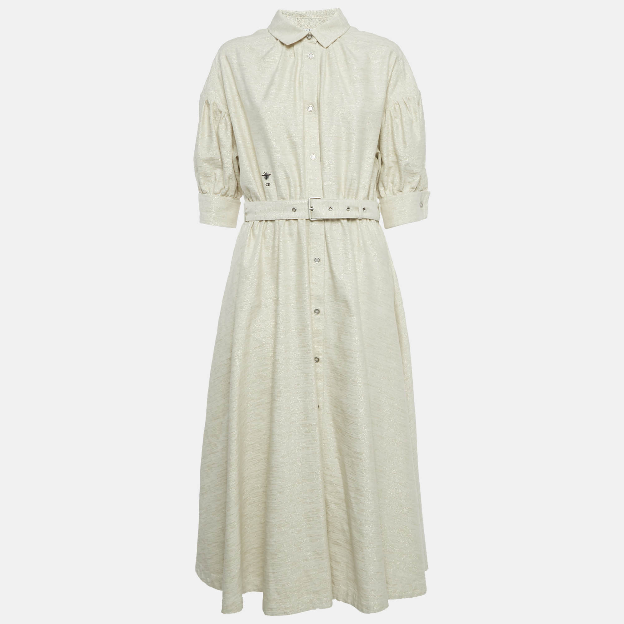 

Dior Beige /Gold CD Embroidered Cotton Blend Midi Dress M
