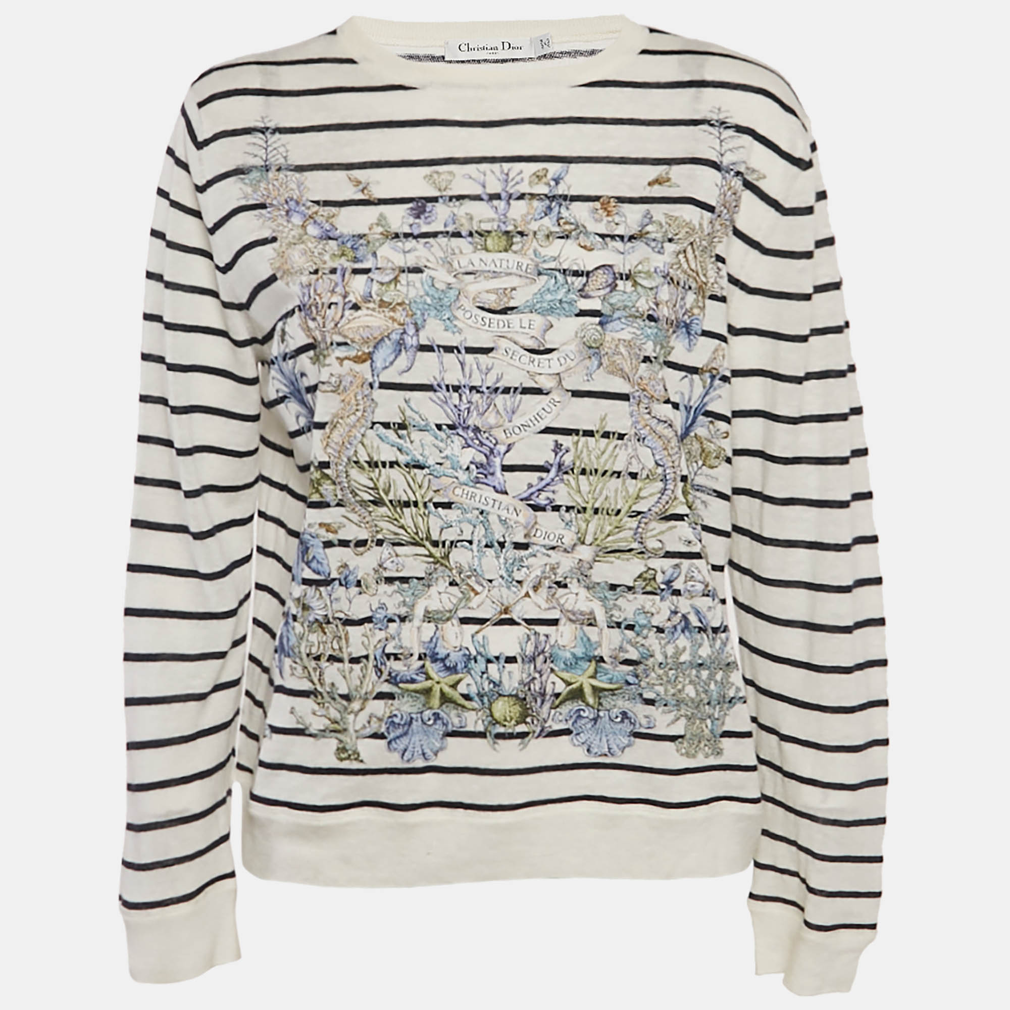 Pre-owned Dior Christian White Striped Linen & Cashmere Knit Sweater M