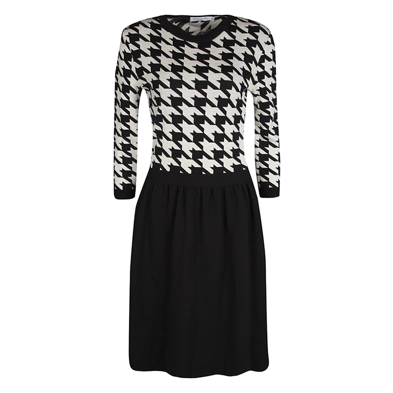 Dior Monochrome Houndstooth Pattern Wool Dress M
