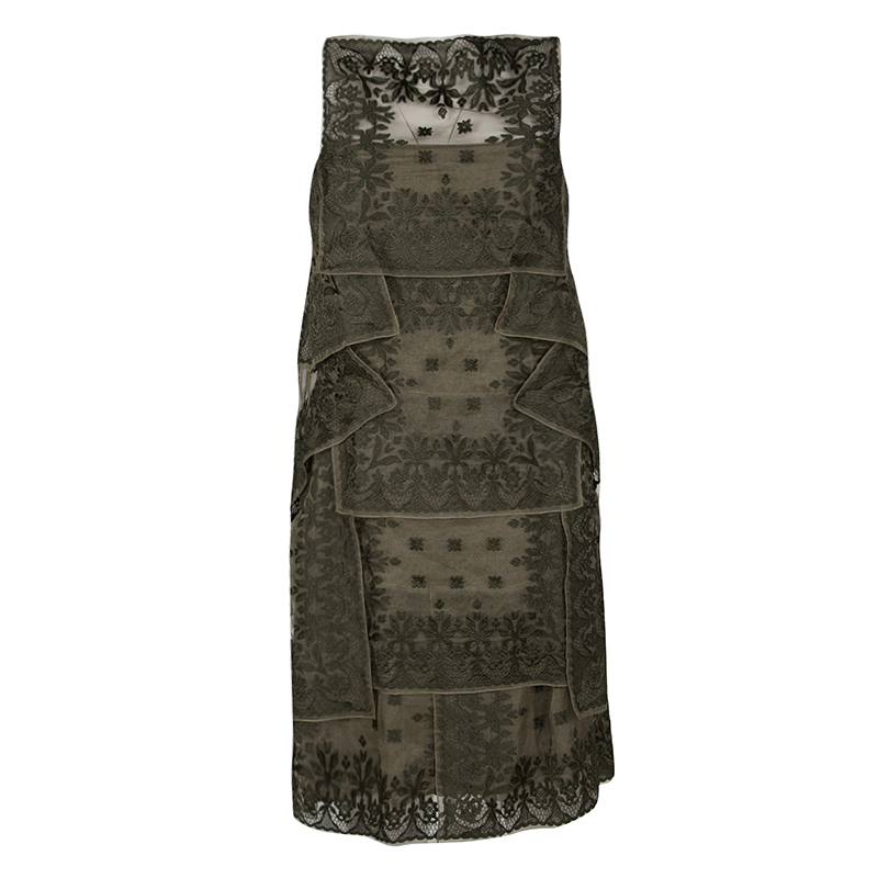 Dior Olive Green Embroidered Silk Paneled Sleeveless Dress M