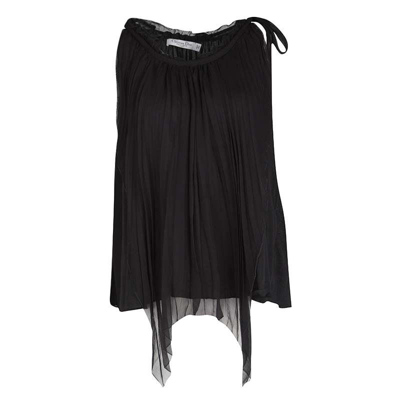 Pre Owned Dior Black Plisse Silk Layered Neck Tie Detail Sleeveless Knit Top L