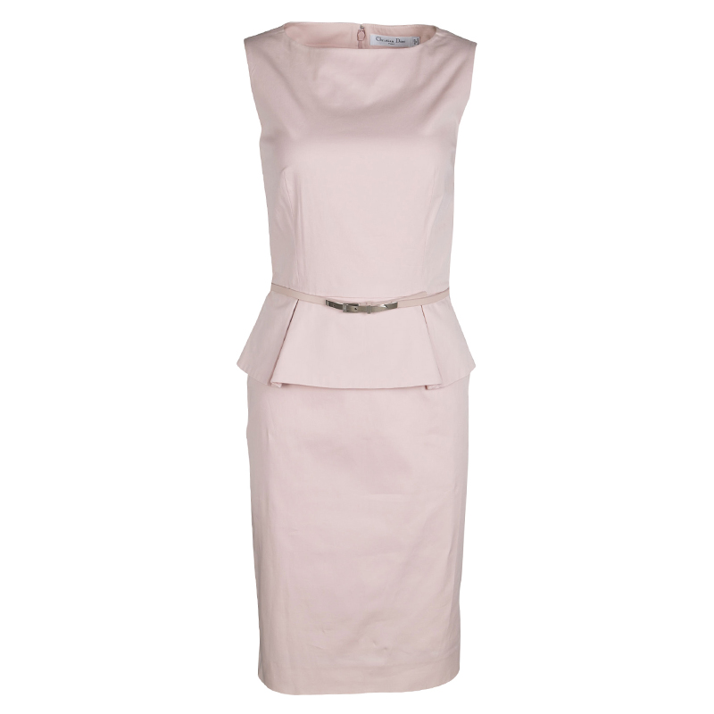 Pre Owned Dior Blush Pink Stretch Cotton Sleeveless Belted Peplum Dress S