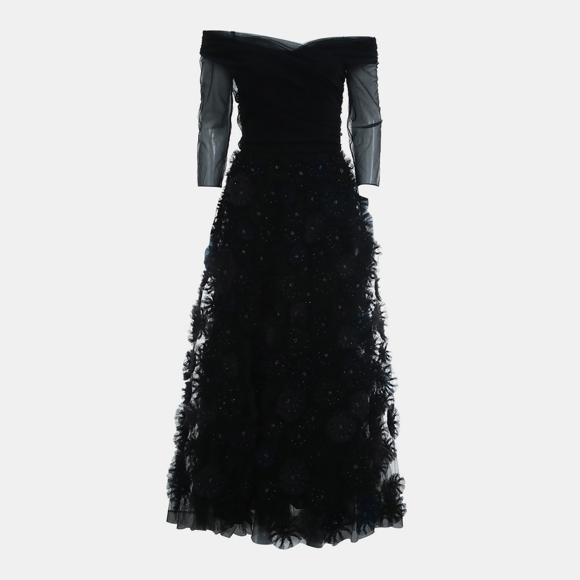 Pre-owned Dior Long Sleeve Sheer Floral-applique Dress Us 6 In Black