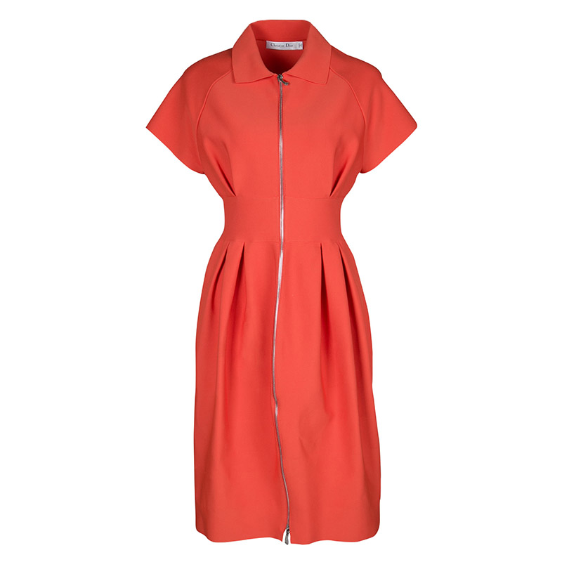 Dior Orange Pleat Detail Zip Front  Dress M