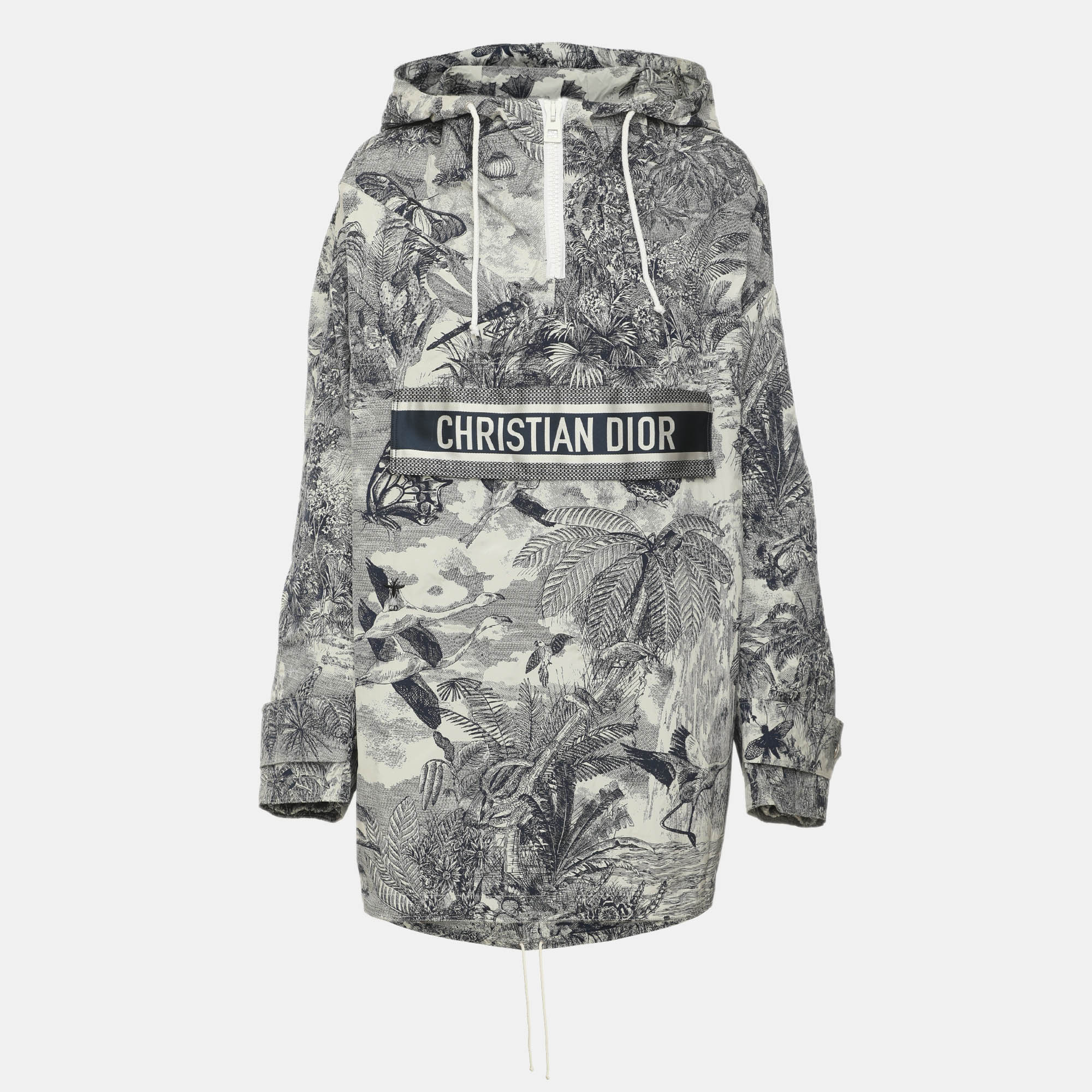 Pre-owned Dior White/nay Technical Taffeta Toile De Jouy Tropicalia Hooded Anorak Jacket In Navy Blue