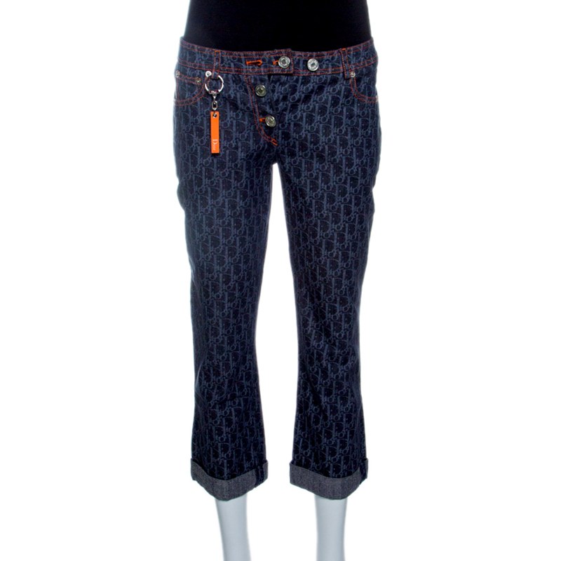 Pre Owned بنطلون ديور فلايت لاين دينيم أزرق داكن مطبوع بالشعار ثلاث أربع S