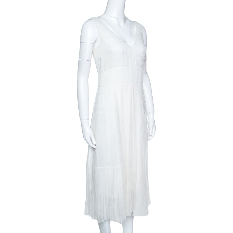 

Dior Ivory Plisse Silk Sleeveless Midi Dress, White