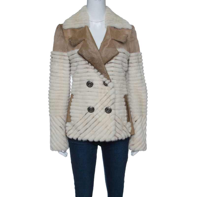 Dior Brown and Off White Mink and Calfskin Paneled Jacket M