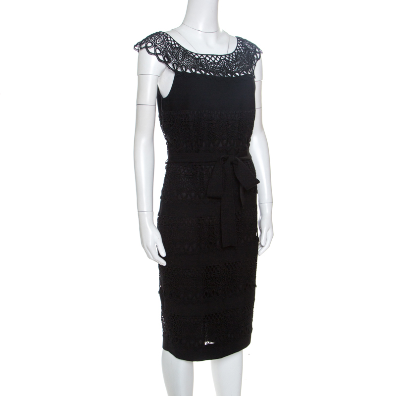 

Dior Black Wool Lace Insert Sleeveless Belted Dress