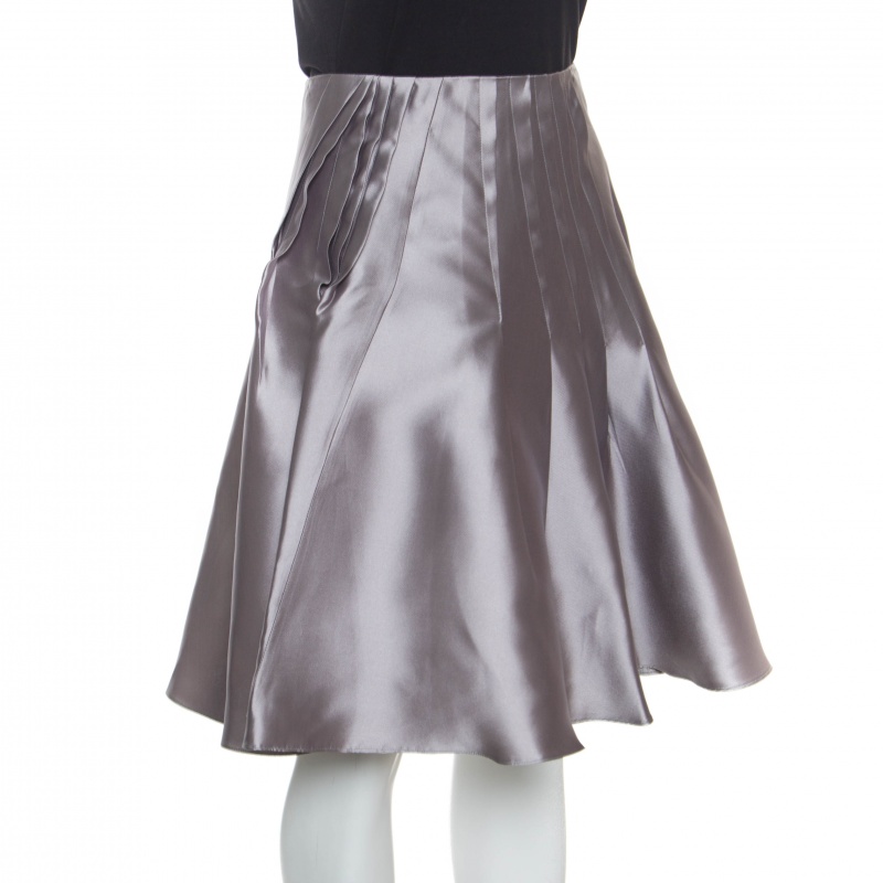 Pre-owned Dior Grey Silk Satin Pleated High Waist Skirt M