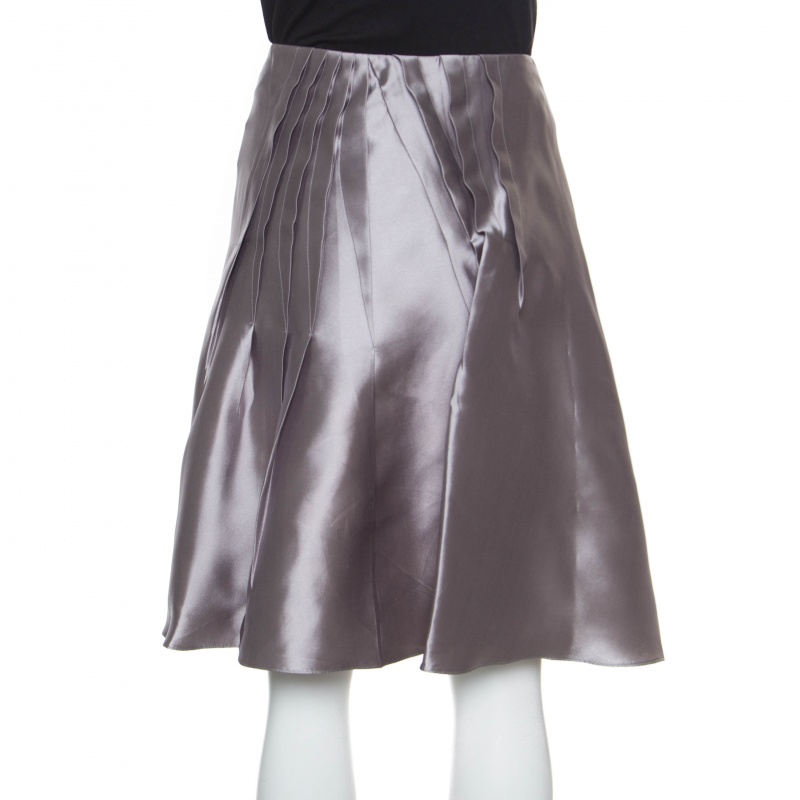Pre-owned Dior Grey Silk Satin Pleated High Waist Skirt M