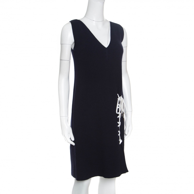 

Dior Navy Blue Ribbed Wool Lace Tie Up Detail Sleeveless Dress