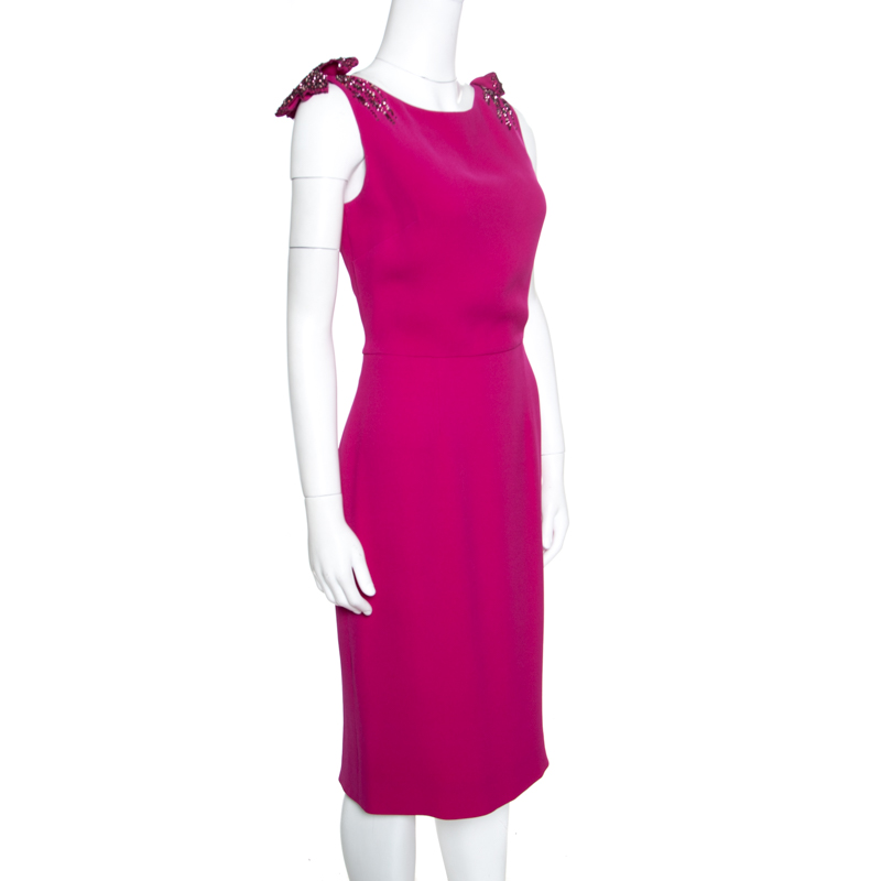 

Dior Fuschia Embellished Bow Strap Detail Silk Midi Dress, Pink