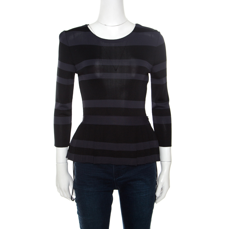 Dior Grey and Black Striped Knit Long Sleeve Peplum Top S