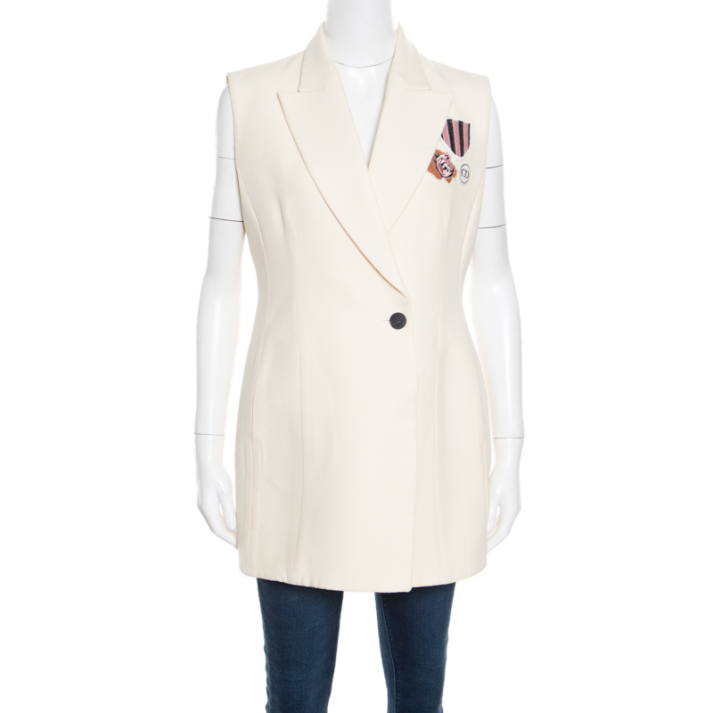 Dior Cream Silk and Wool Applique Detail Sleeveless Coat L