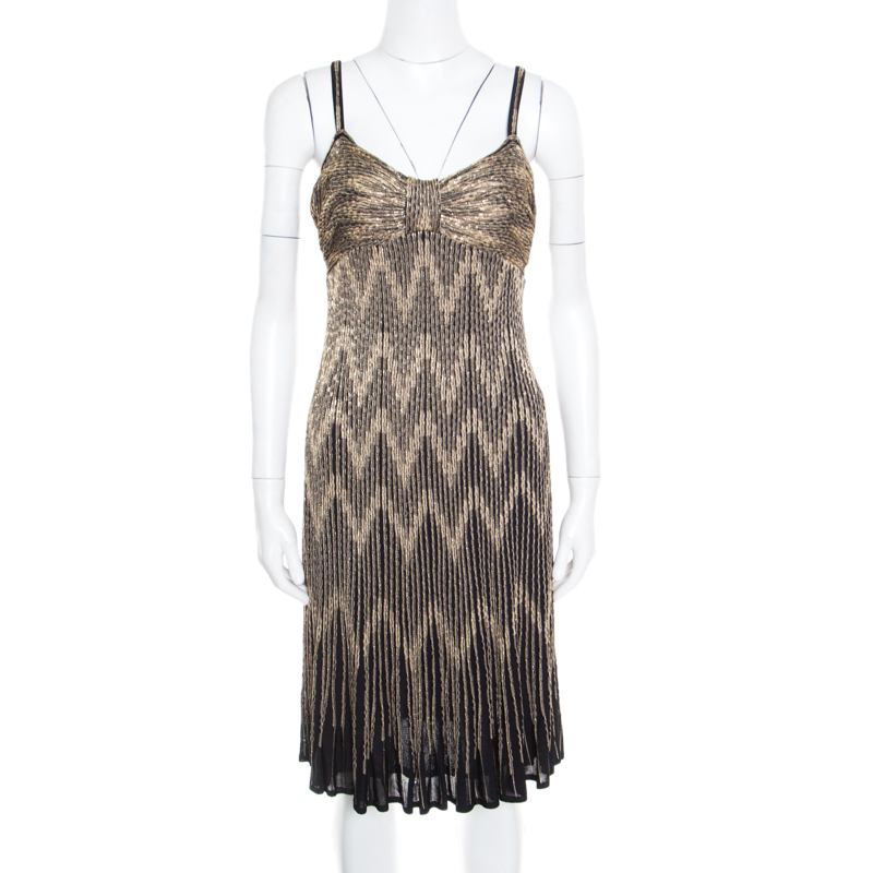 Pre Owned Christian Dior Gold Lurex Chevron Patterned Knit Noodle Strap Ombre Dress M
